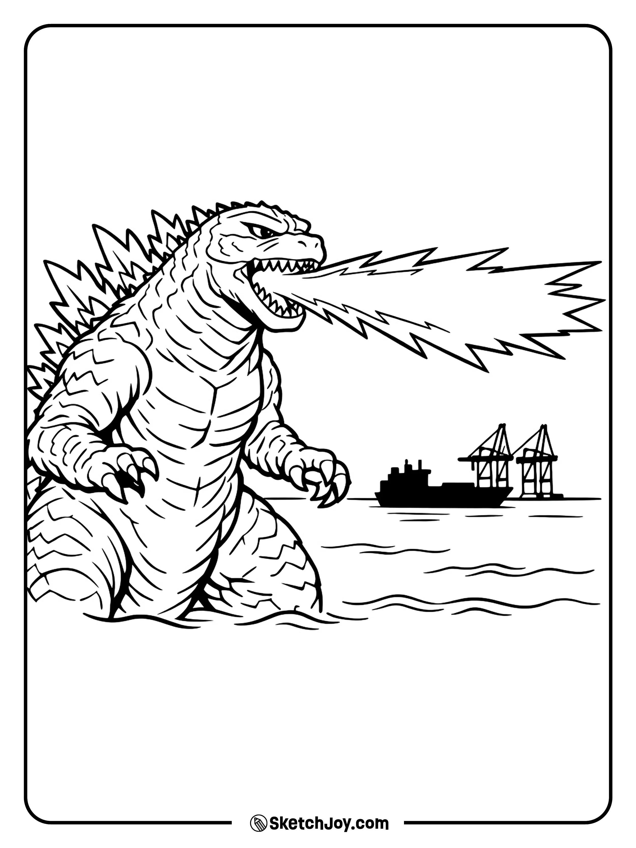 Godzilla fires atomic breath toward the sea near a calm harbor.