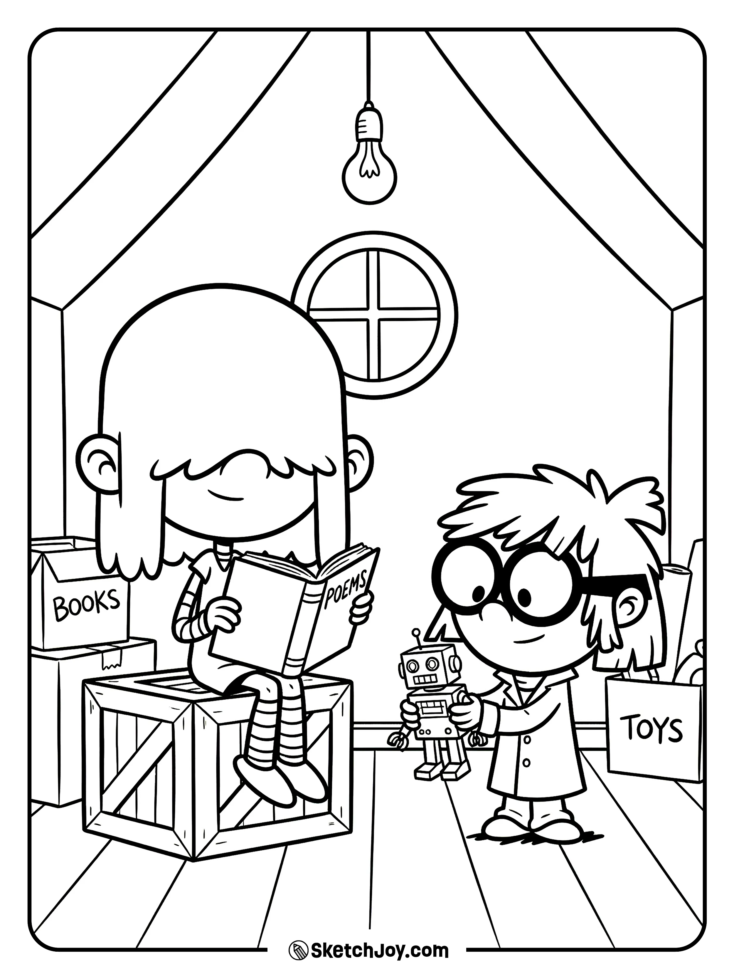 Lucy reads quietly while Lisa shows a new tiny robot.