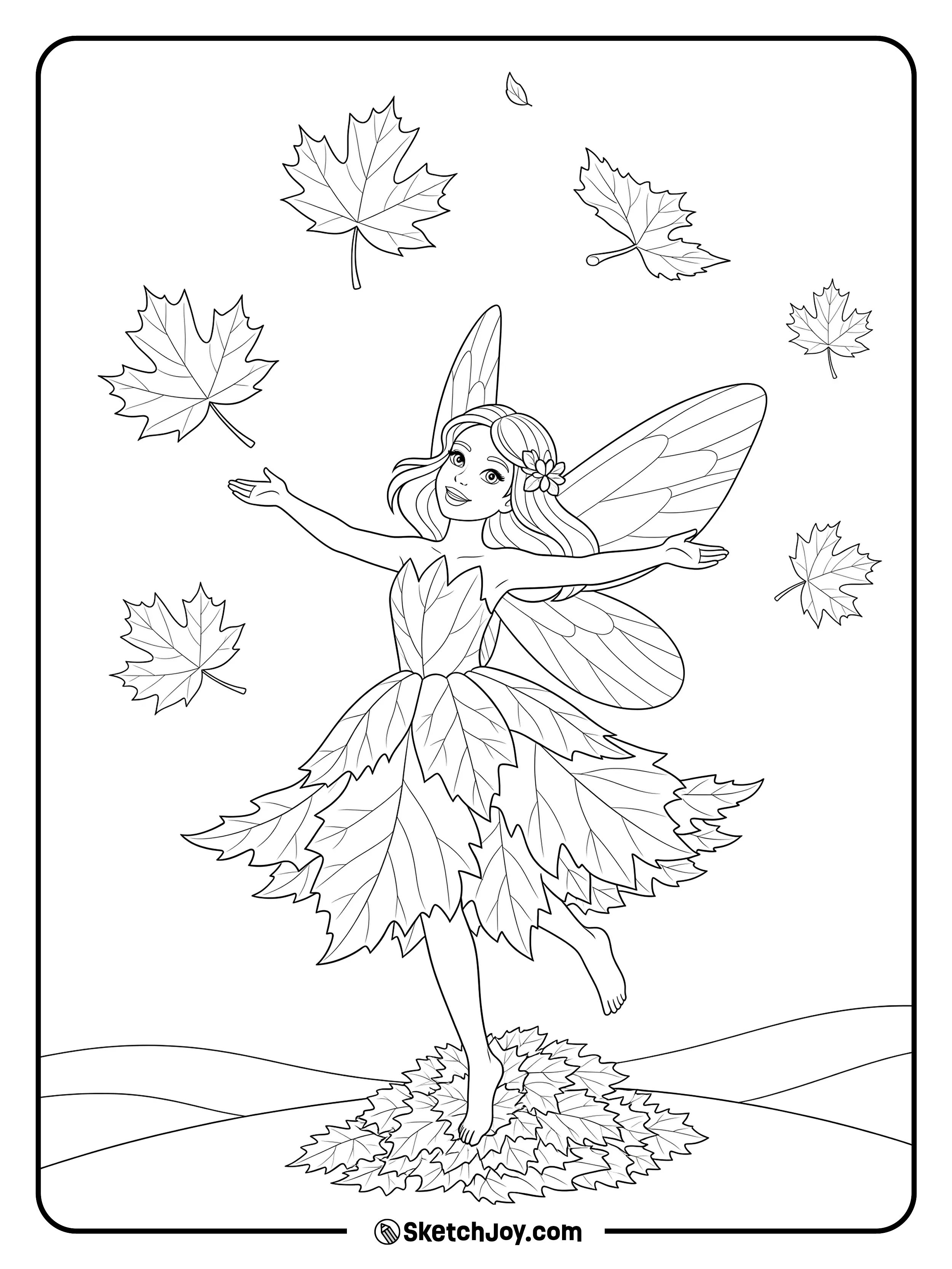 A fairy twirls with big falling leaves in a soft fall breeze.