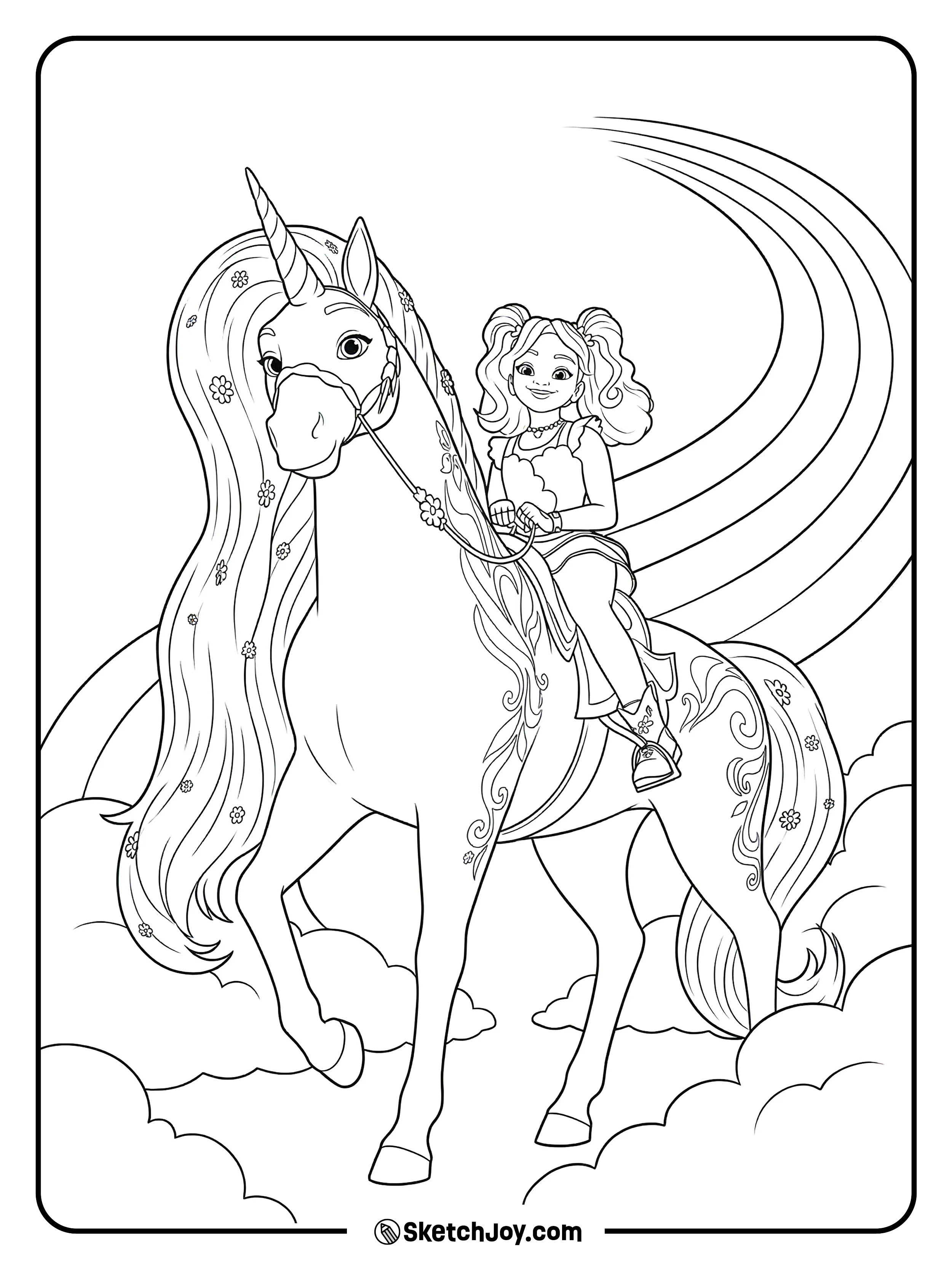 Ava smiles as she rides Leaf with flowing hair, cute flowers, and swirling details all around them.