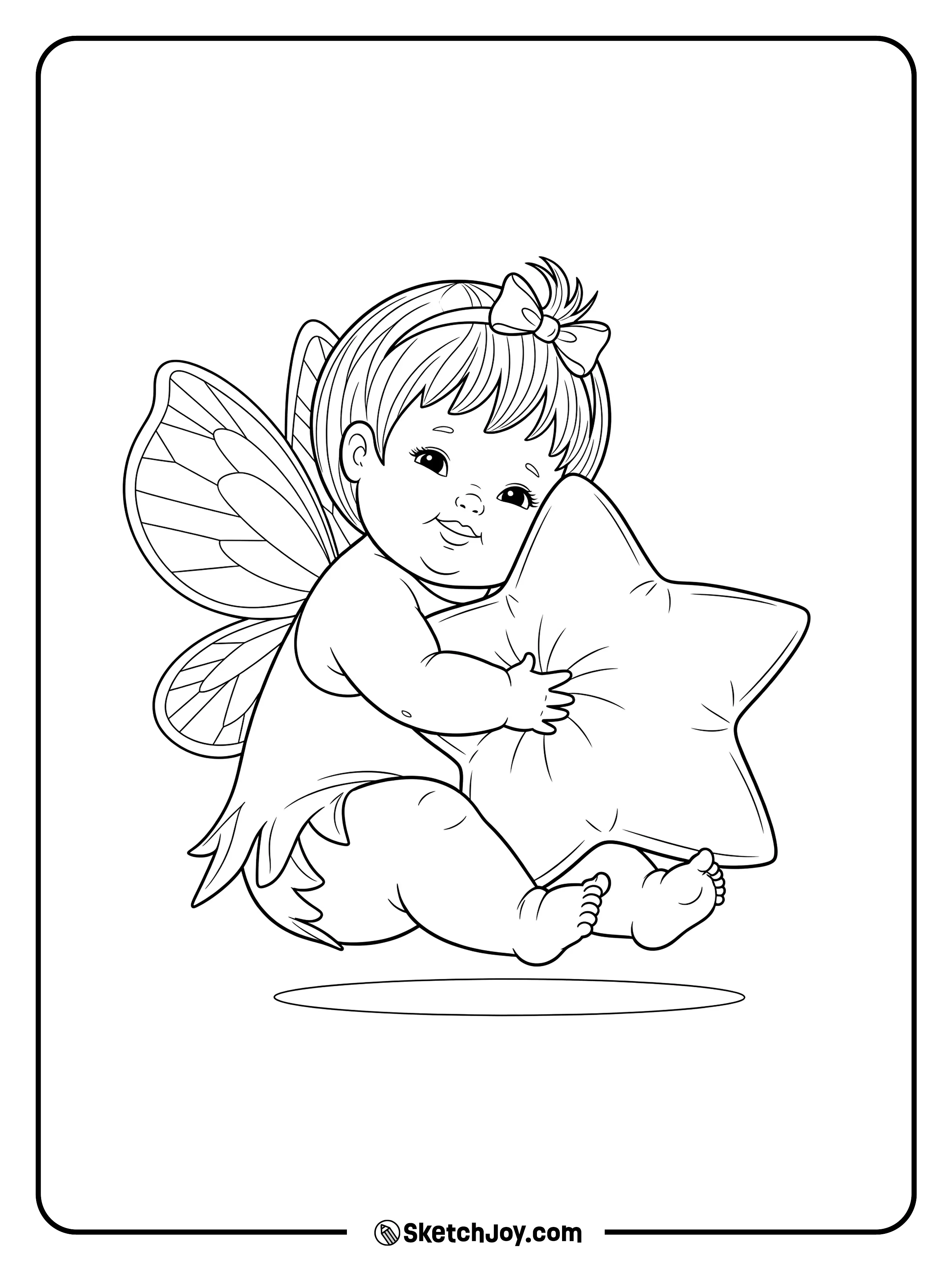 A tiny baby fairy hugs a star-shaped pillow while sitting and smiling.