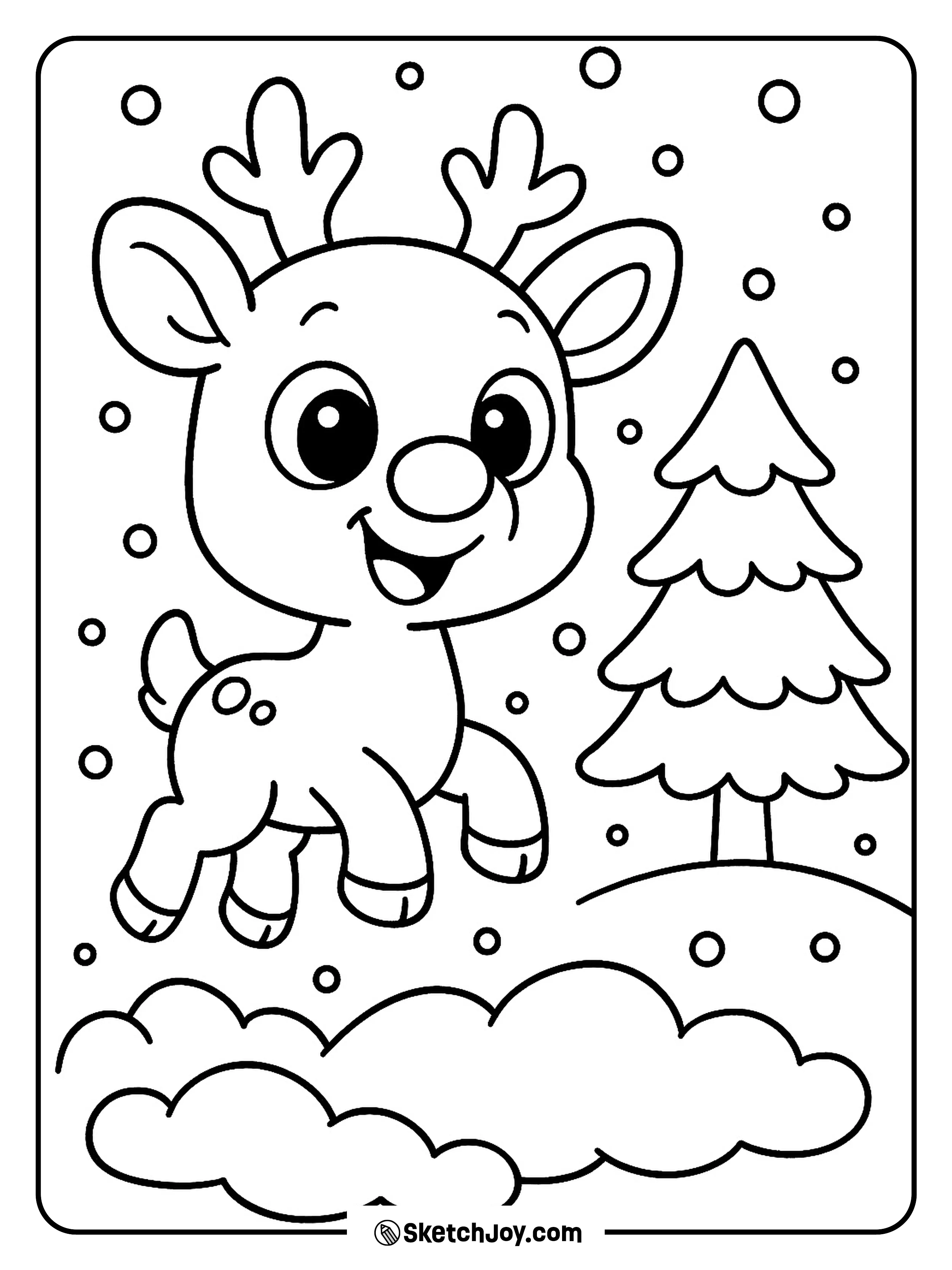 Baby Rudolph plays in fresh snow with his small glowing nose.