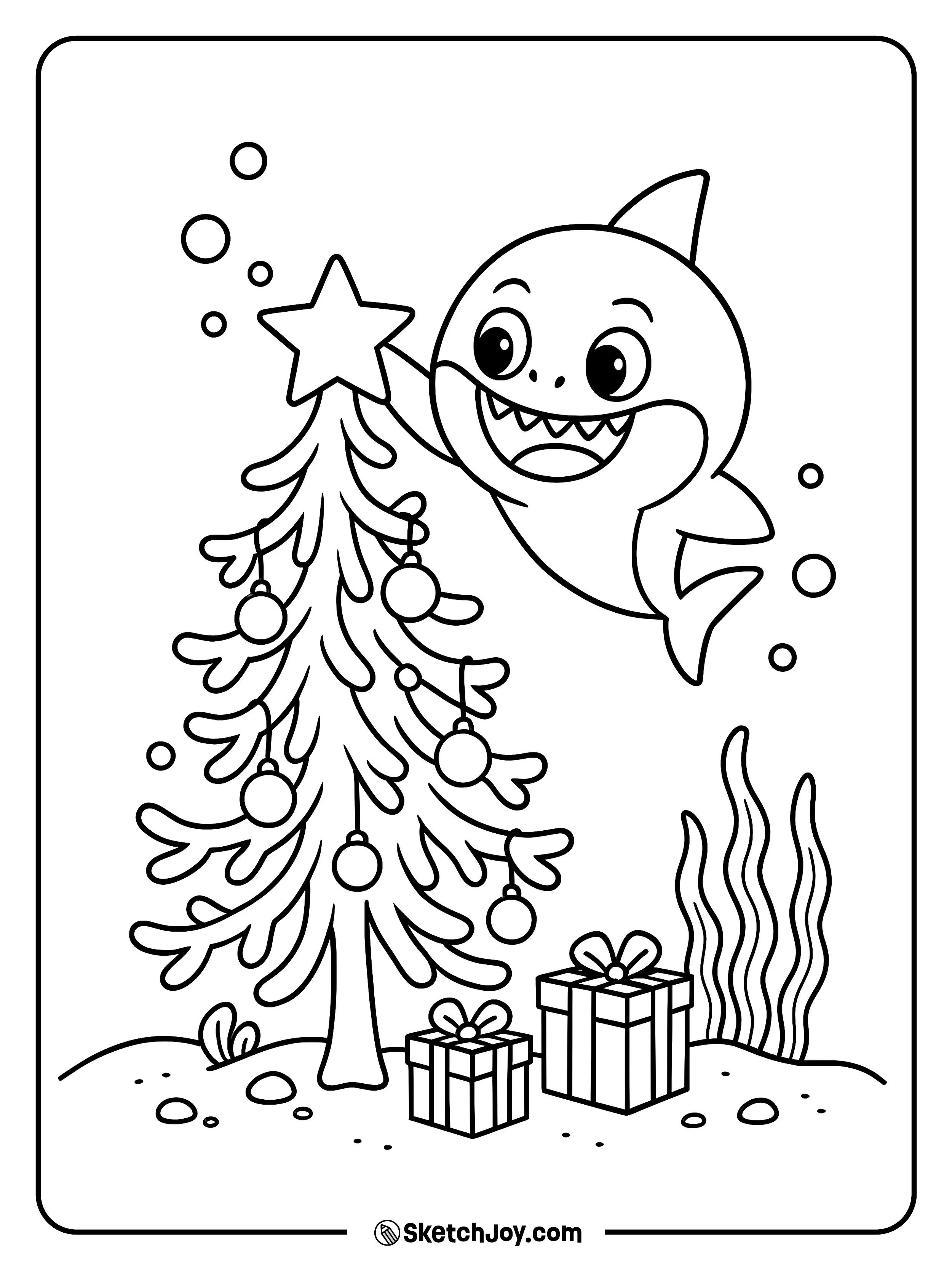 Baby Shark swims by a Christmas tree with presents nearby.