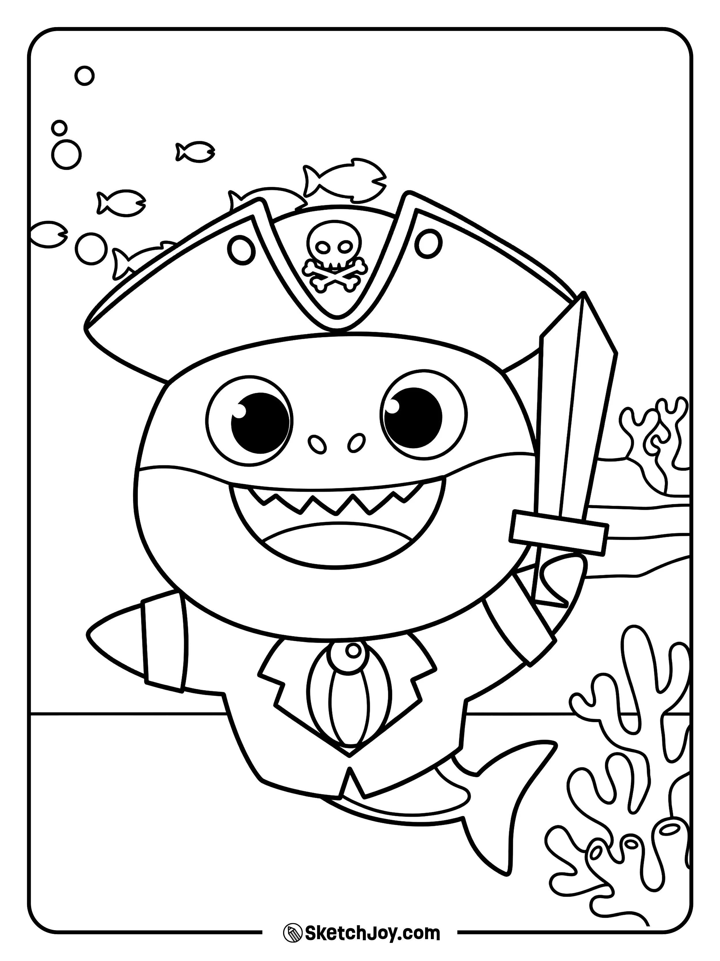 Baby Shark wears a pirate hat and holds a sword like a brave captain.