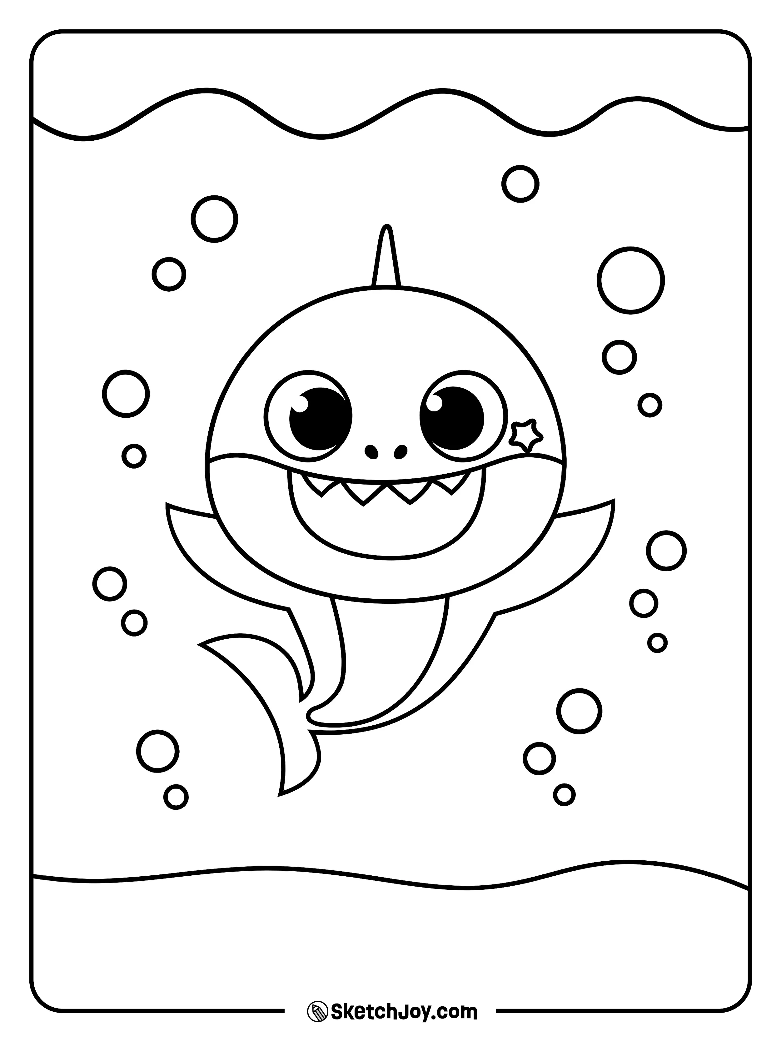 Baby Shark smiles with big eyes while bubbles float around.