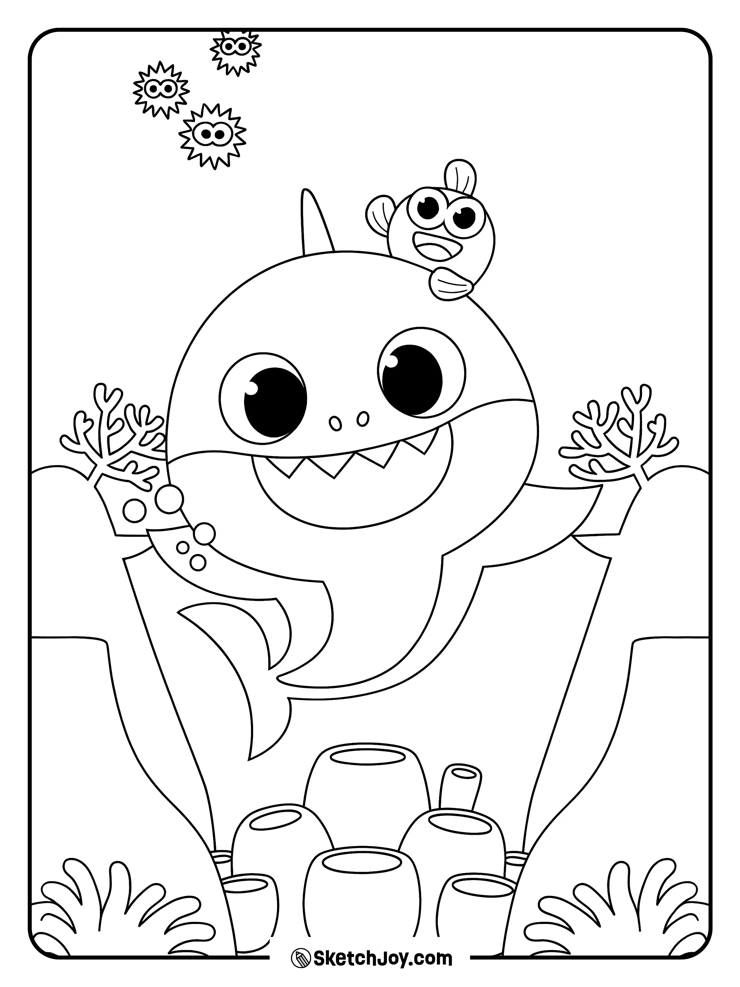 Baby Shark swims with a tiny fish friend sitting on top.