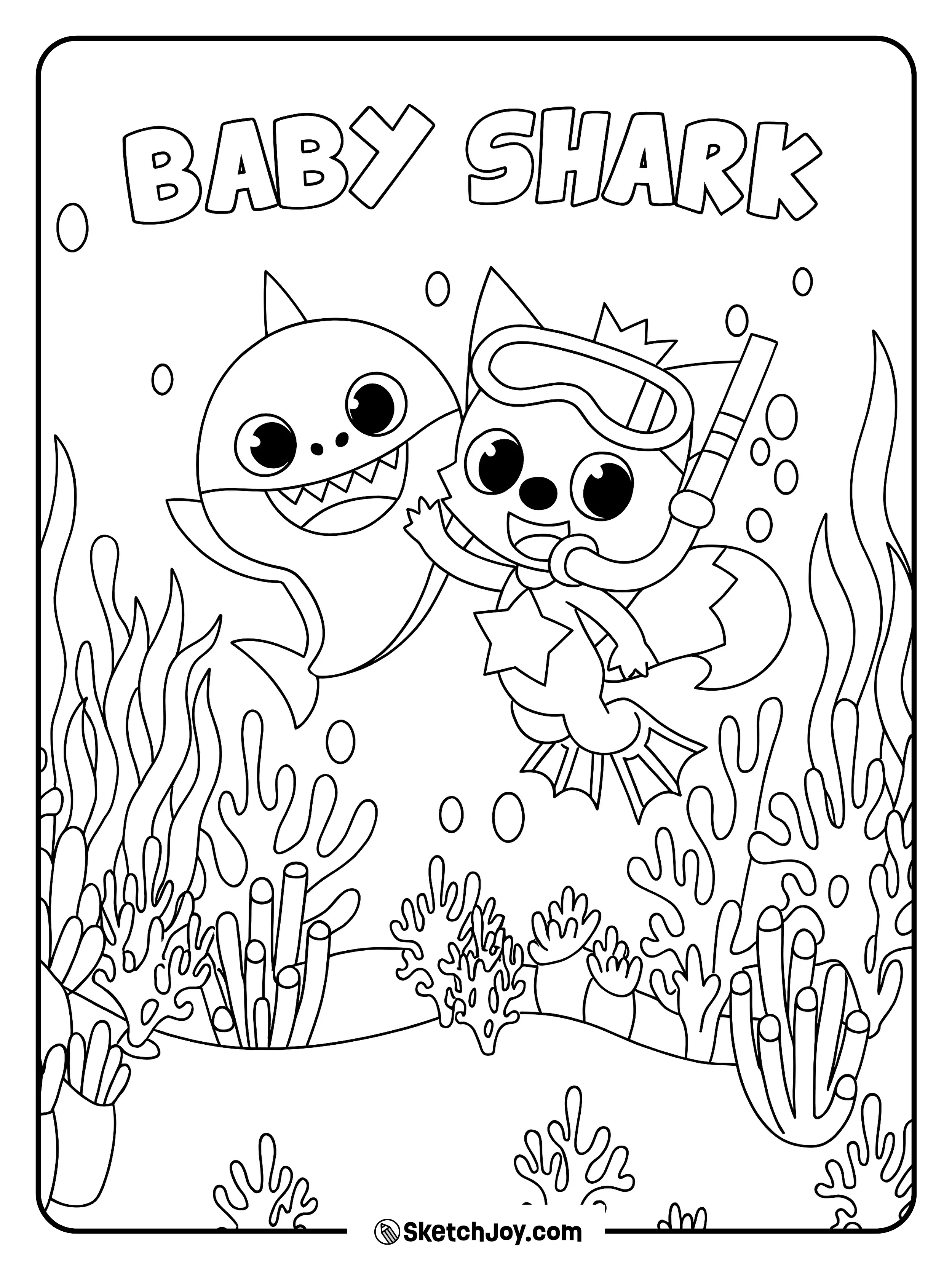 Baby Shark and Pinkfong swim together with snorkel gear.