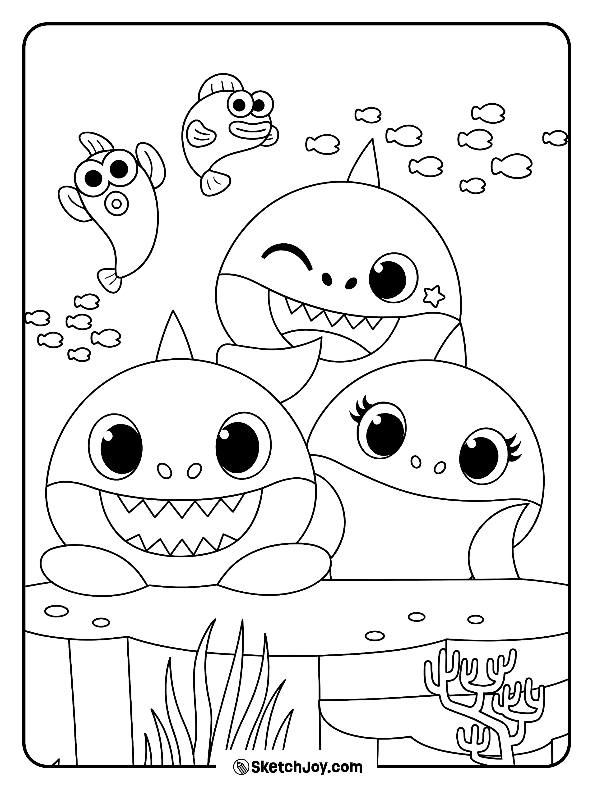 Baby Shark sits with Mommy Shark and Daddy Shark for a happy sea moment.