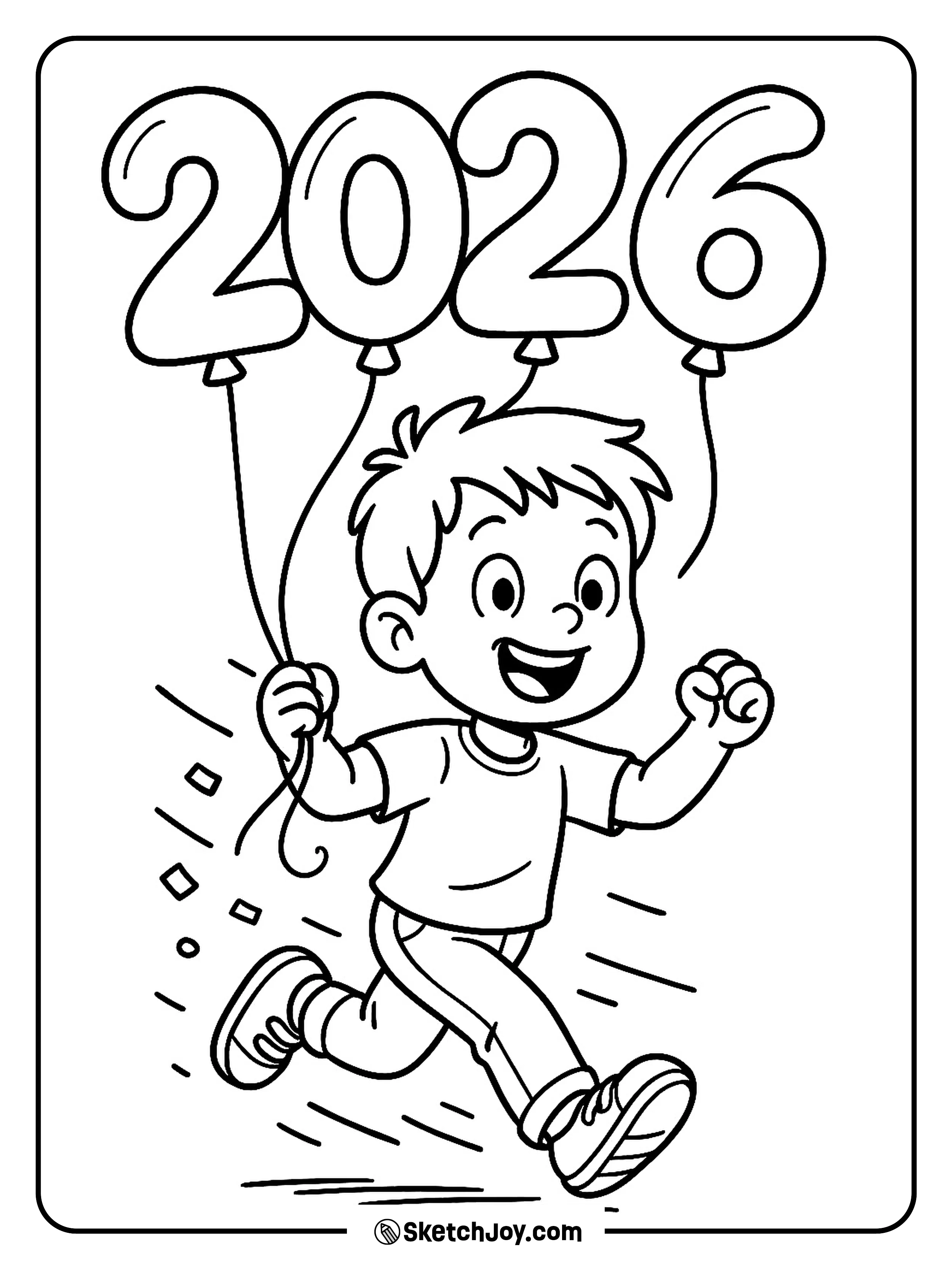 A kid runs with balloons that spell 2026.