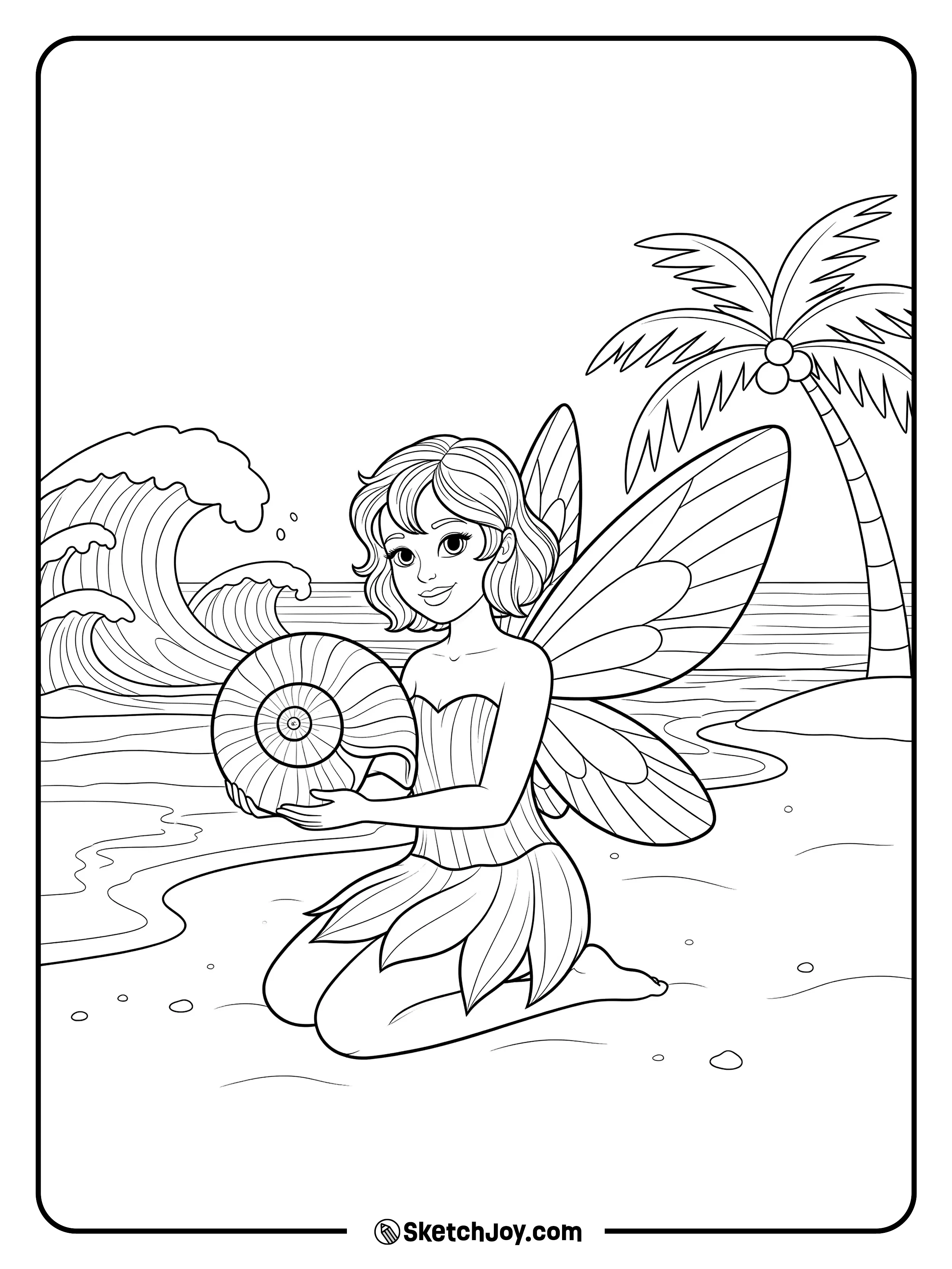 A fairy kneels on warm sand, looking at a big seashell.