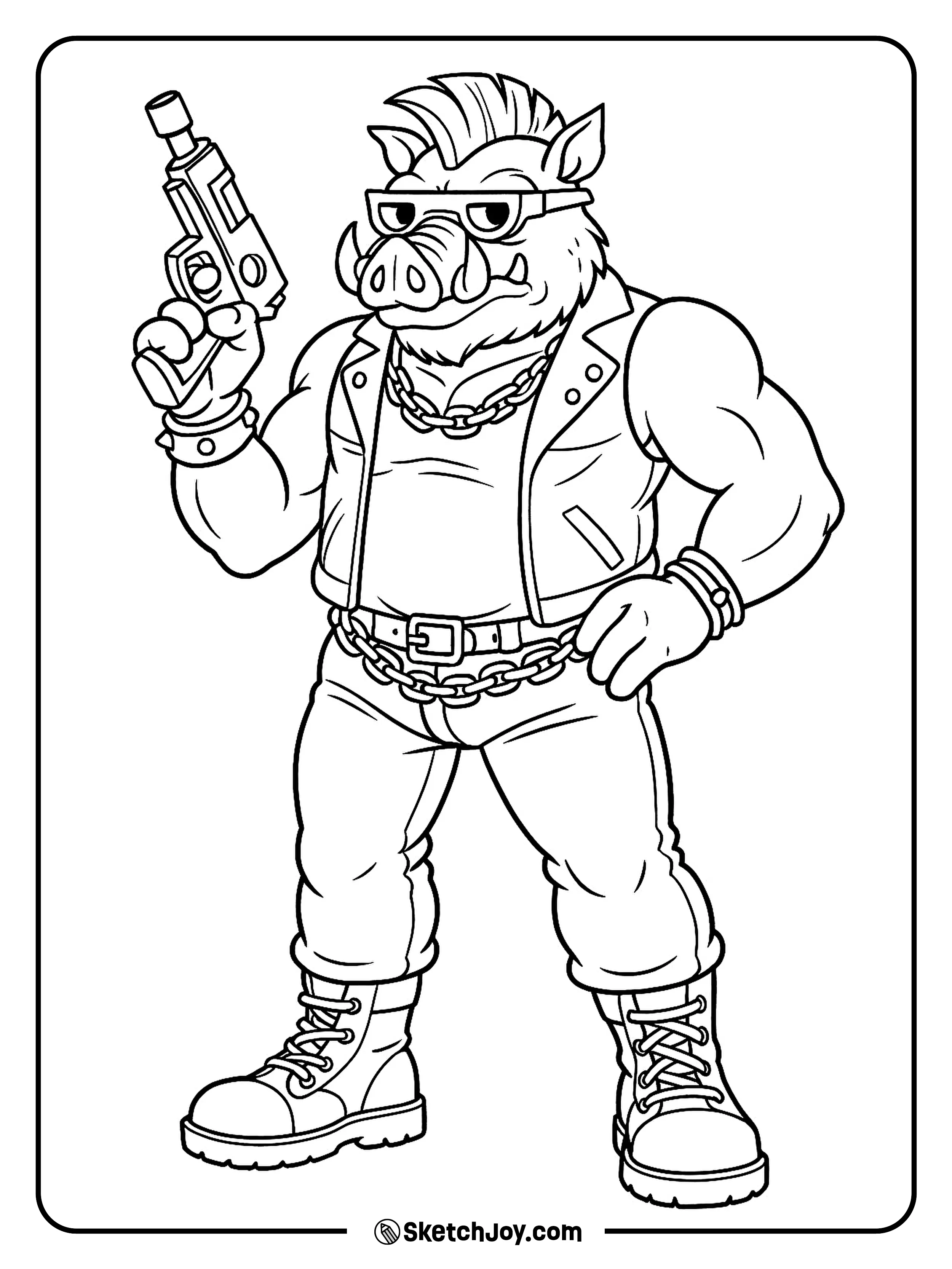 Bebop stands in a tough pose holding his blaster and showing his mohawk.