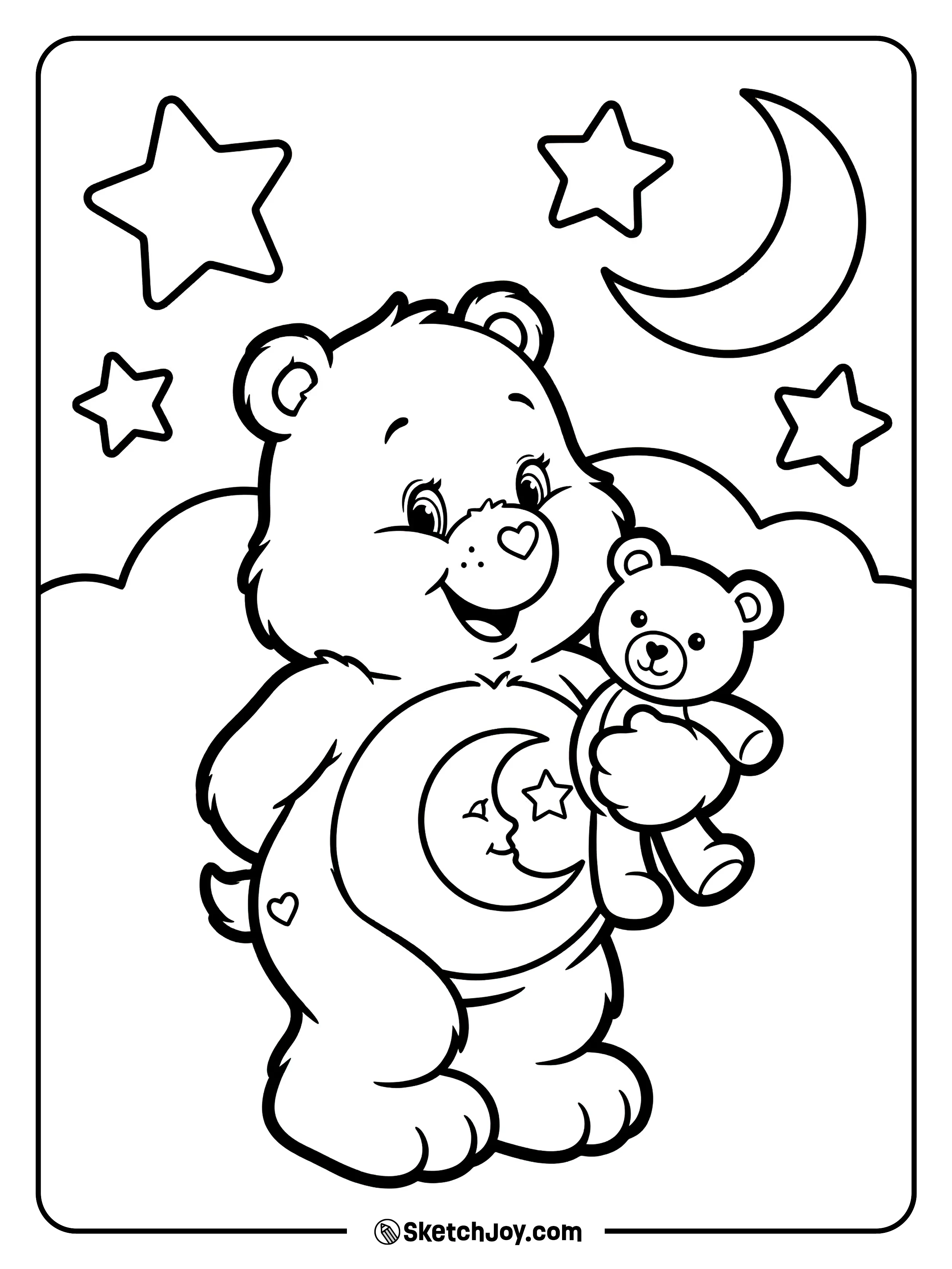 Bedtime Bear holds a sleepy teddy and hums under stars.