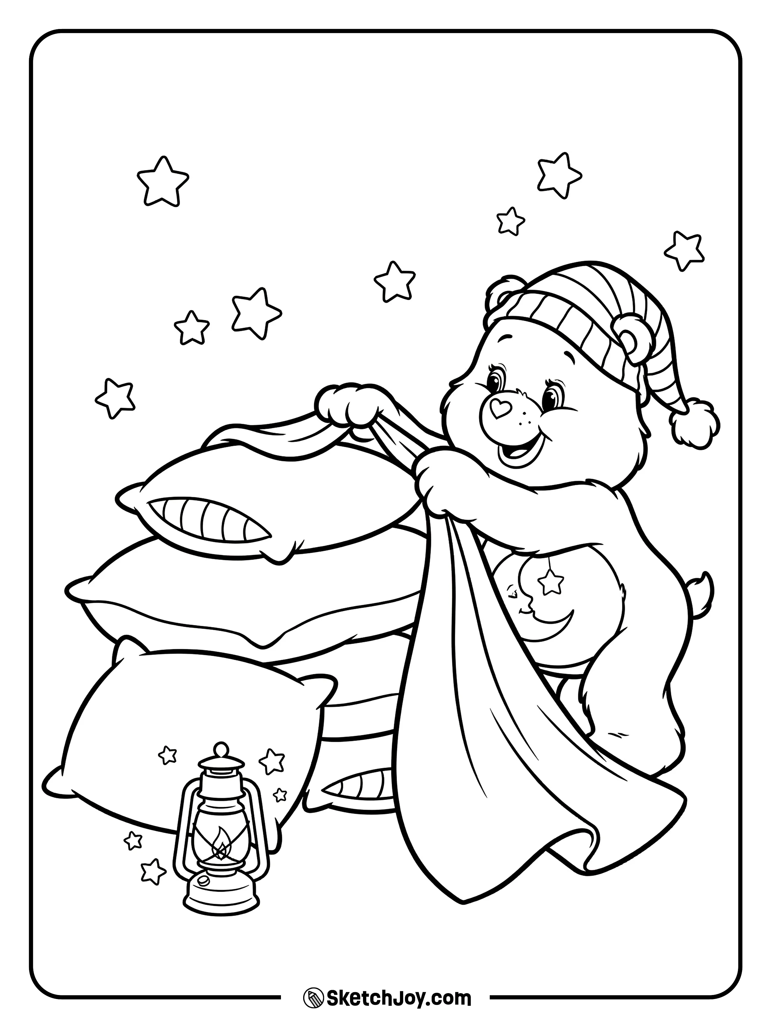 Bedtime Bear builds a pillow fort with a soft blanket roof.