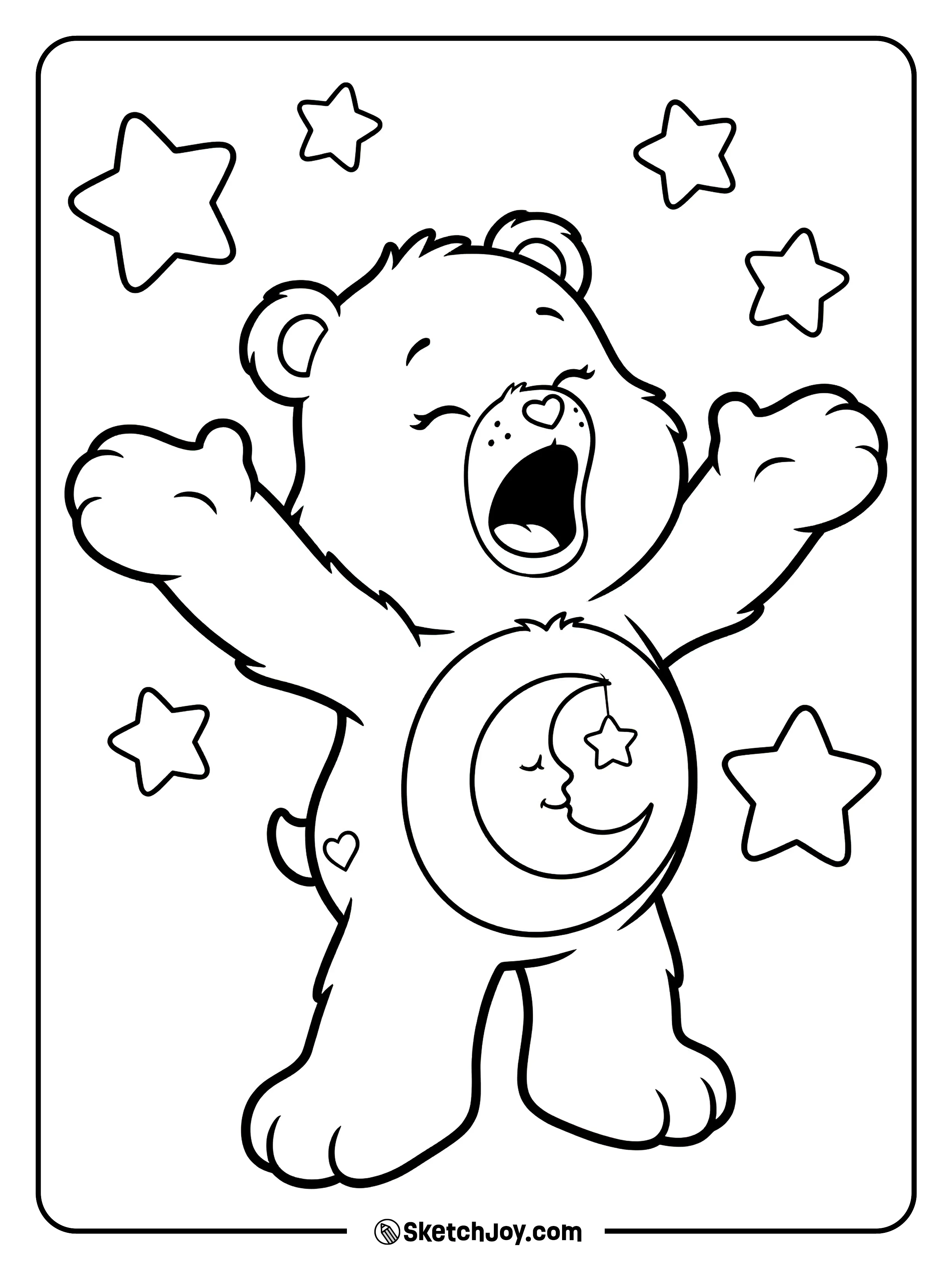 Bedtime Bear yawns and stretches before bed.