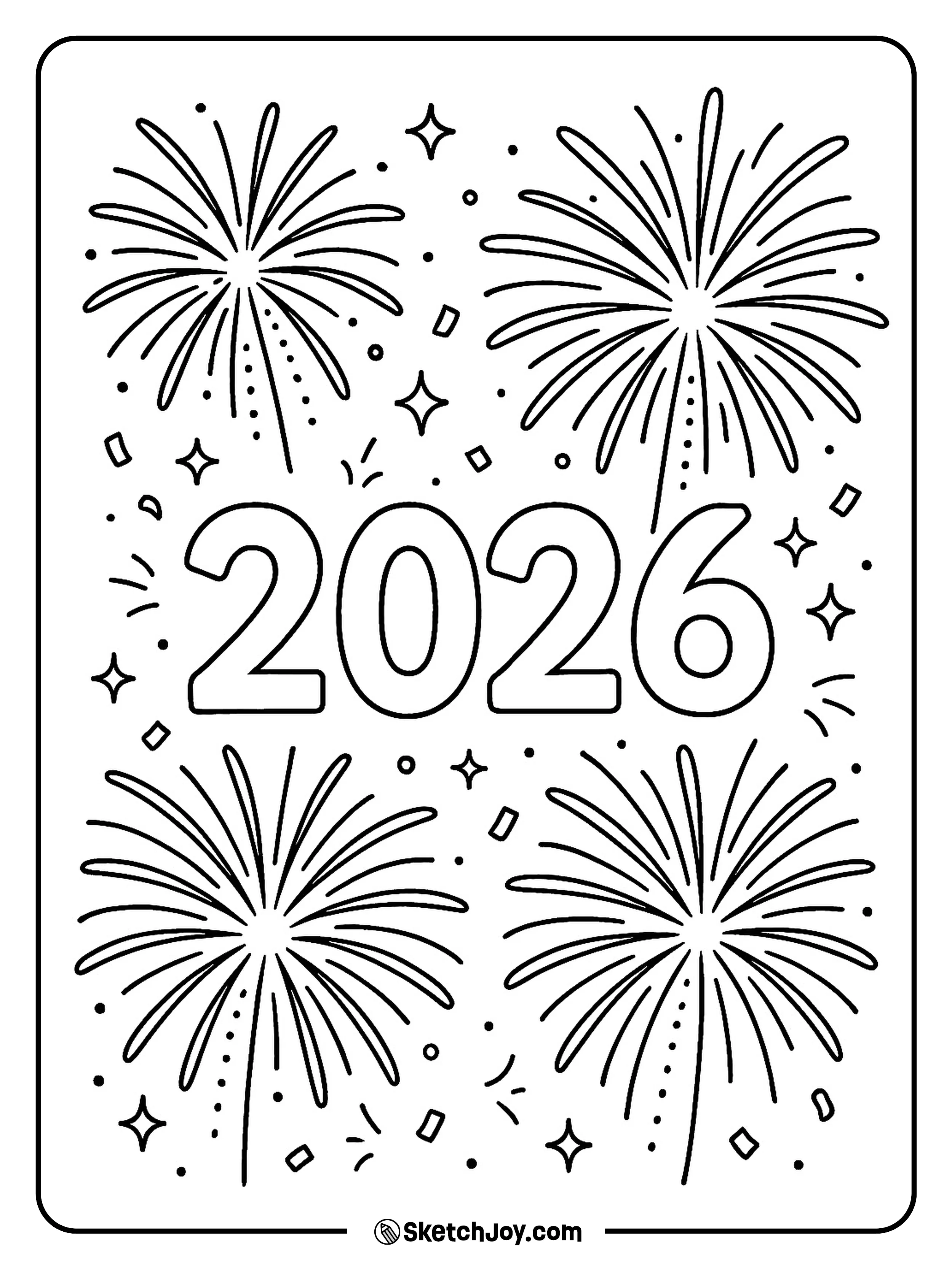 Many fireworks bursts fill the sky above 2026.