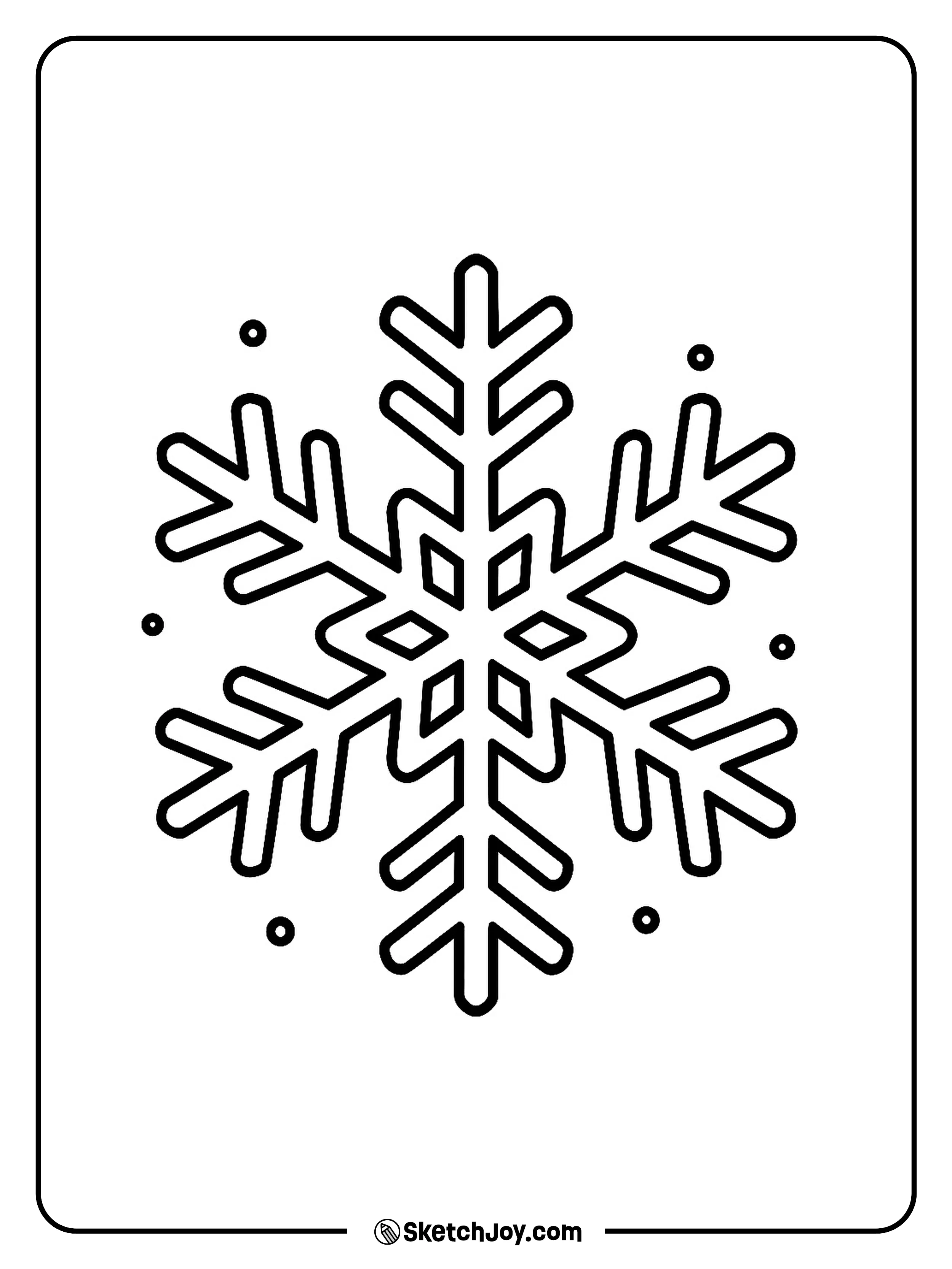 A bold snowflake fills the page with clean shapes.