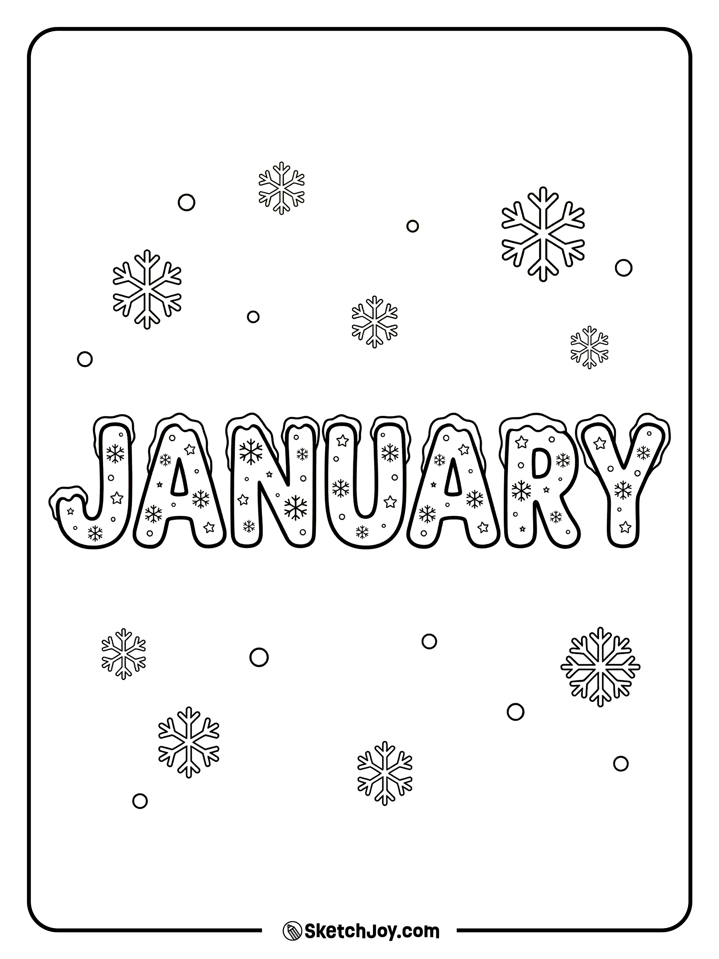 JANUARY letters are filled with snowflakes and winter shapes.