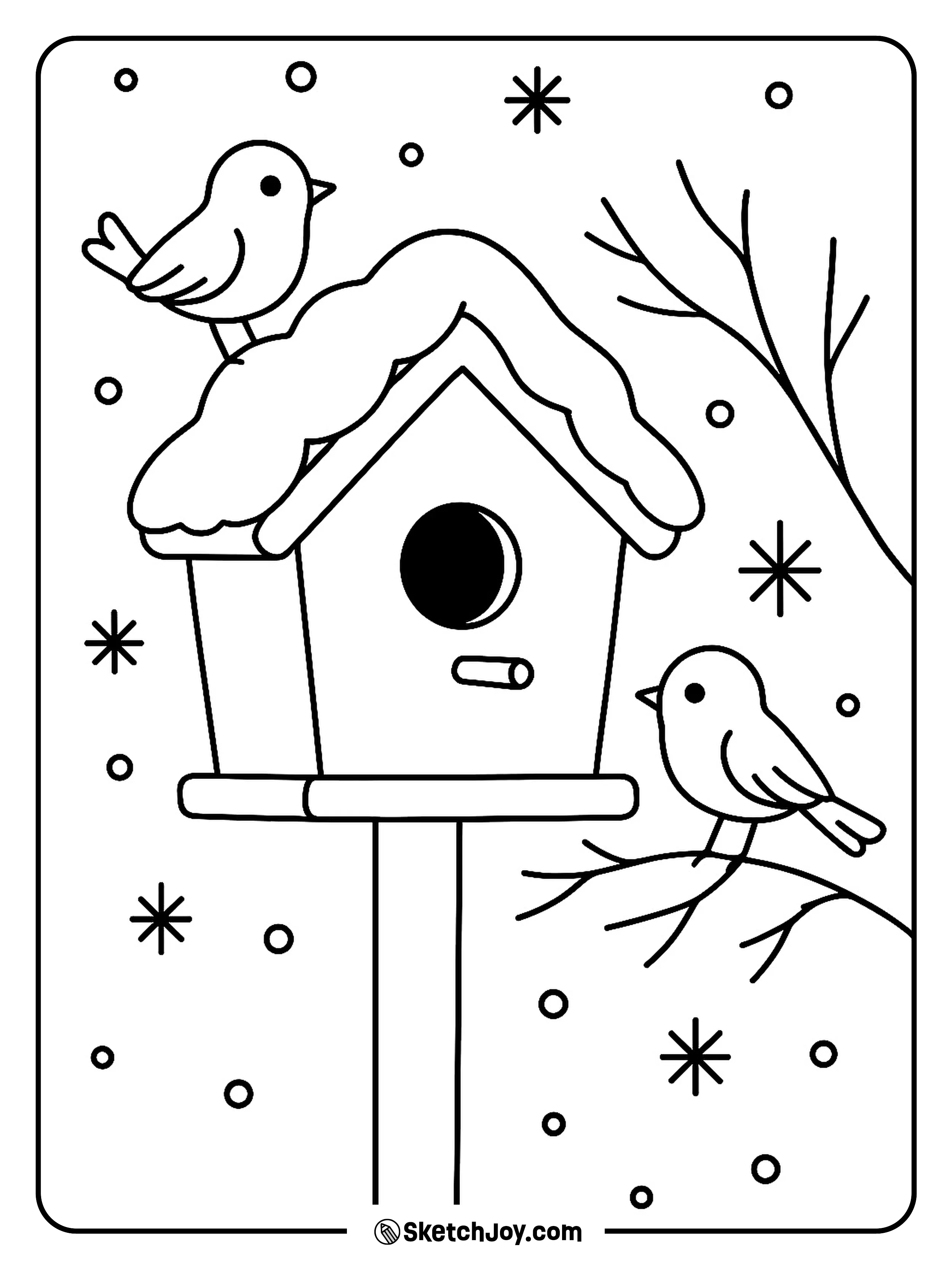 Tiny birds sit near a birdhouse with snow on its roof.