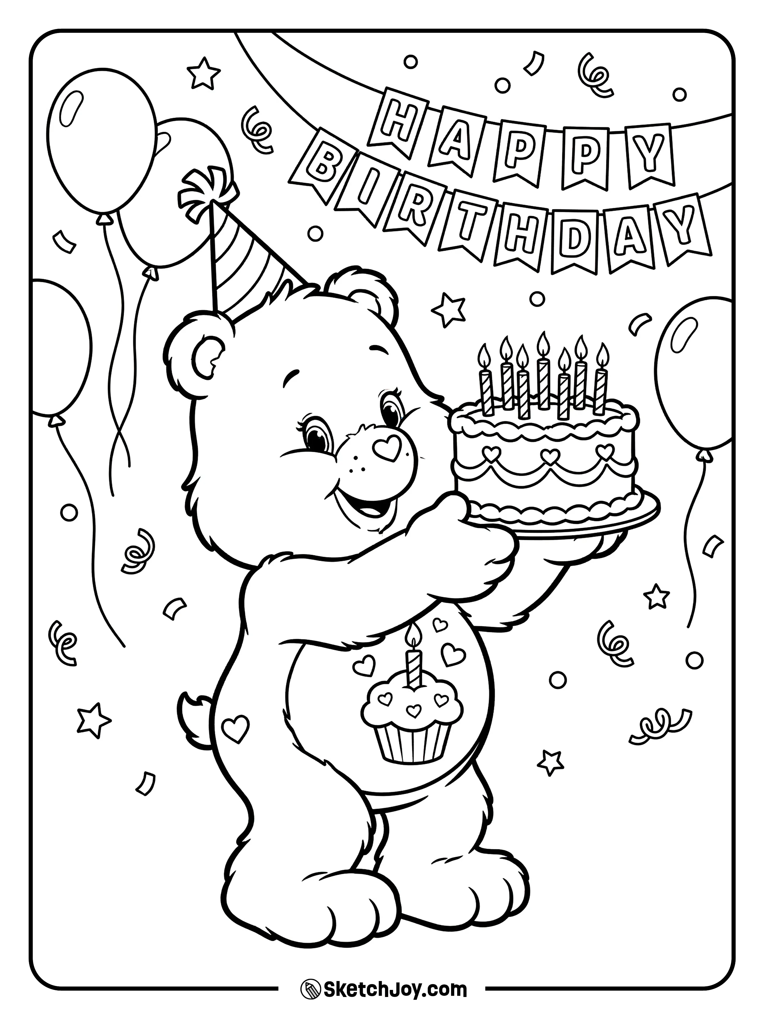 Birthday Bear carries a cake with candles and a happy smile.