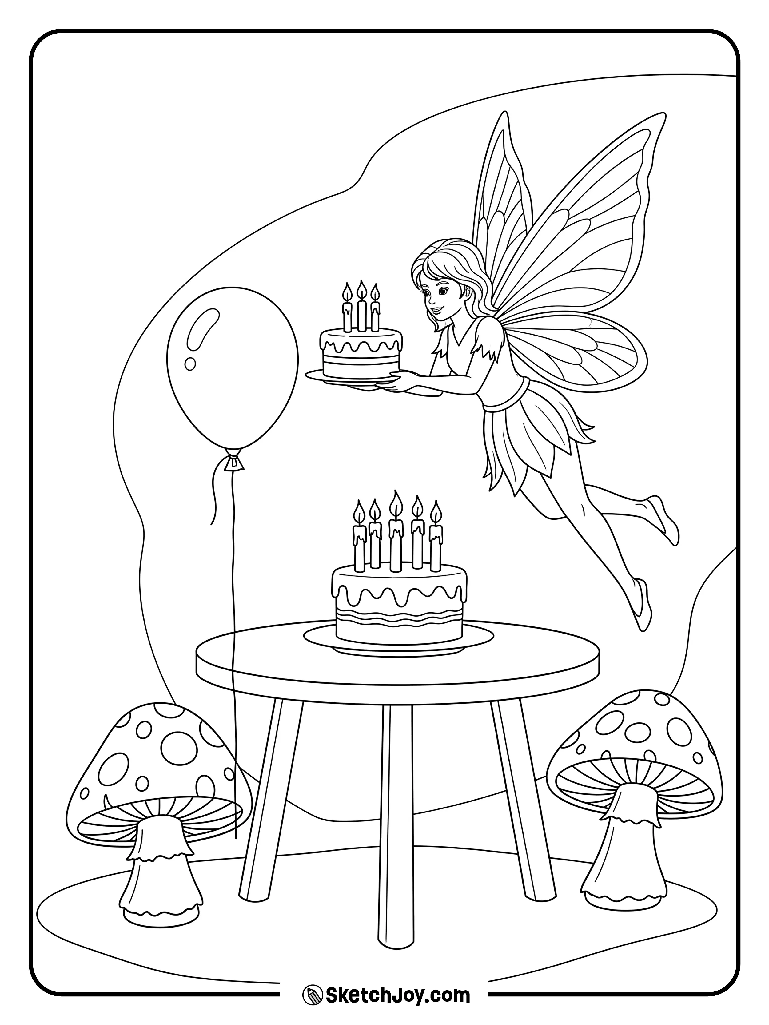 A fairy brings a cake to a tiny forest birthday setup.