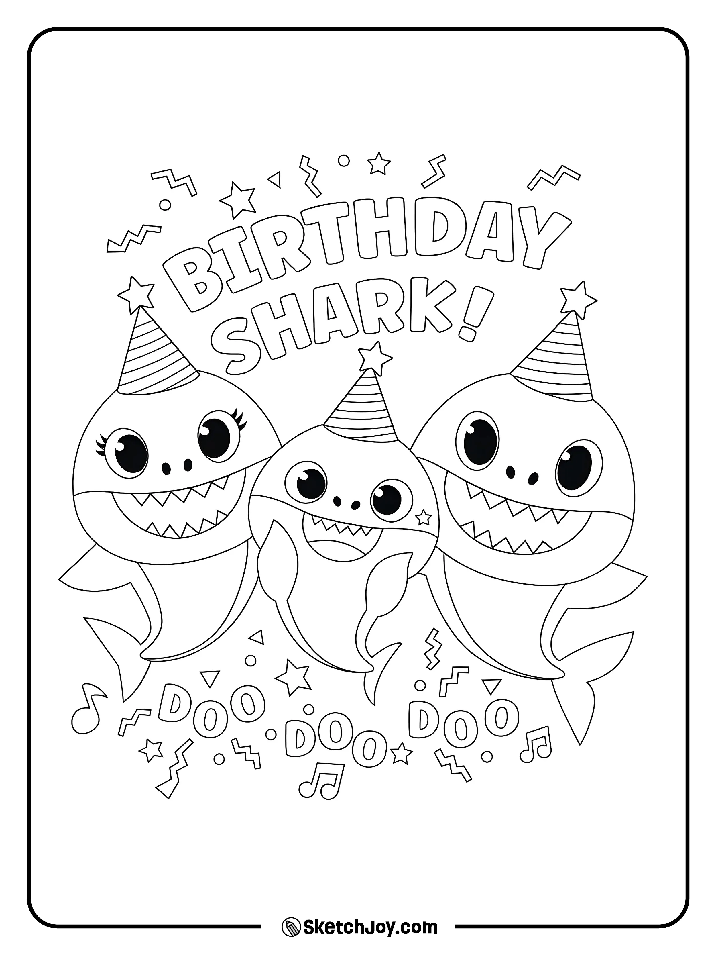 Baby Shark, Mommy Shark, and Daddy Shark wear party hats for a birthday song.