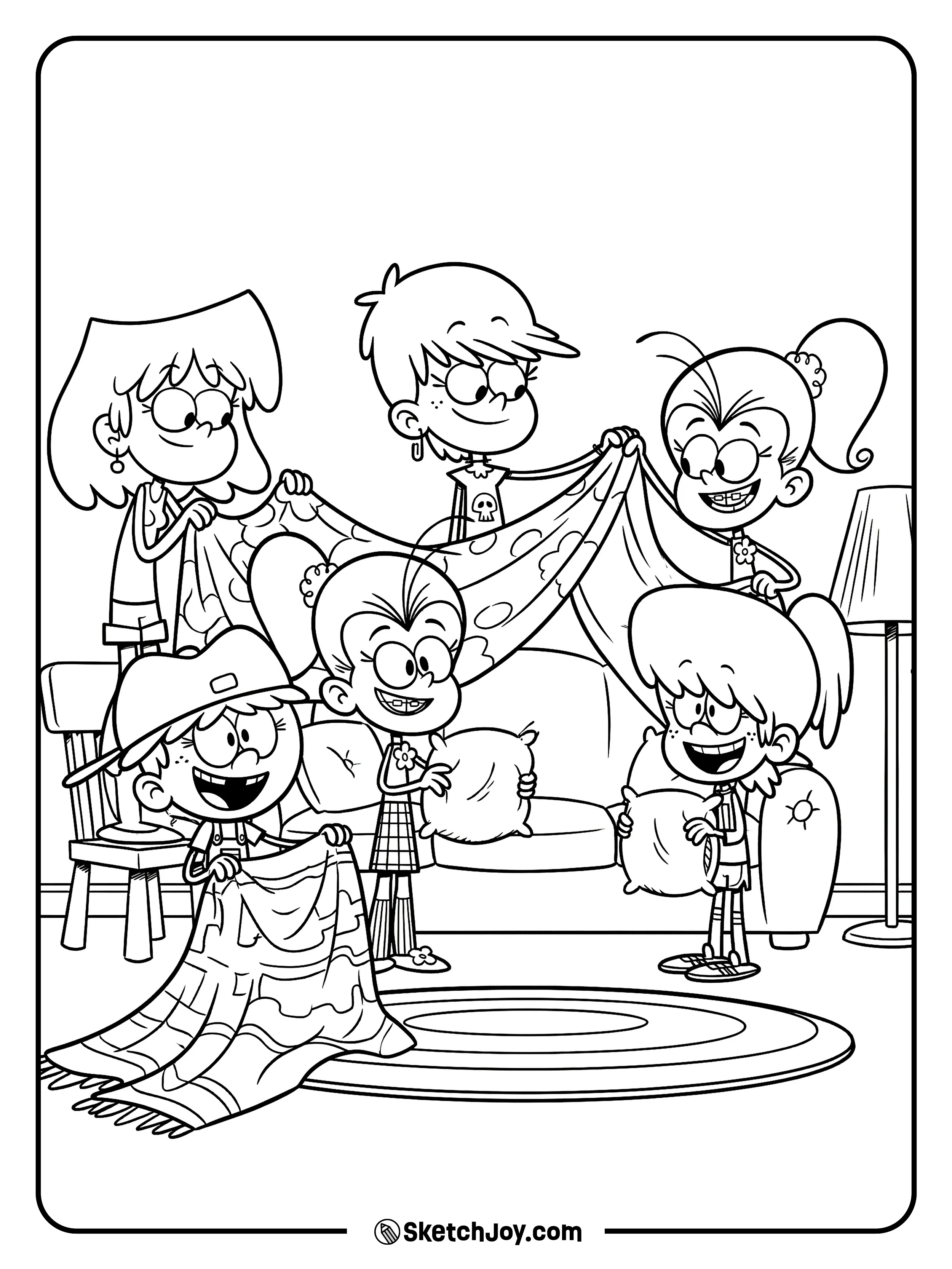 The Loud sisters build a giant blanket fort together.