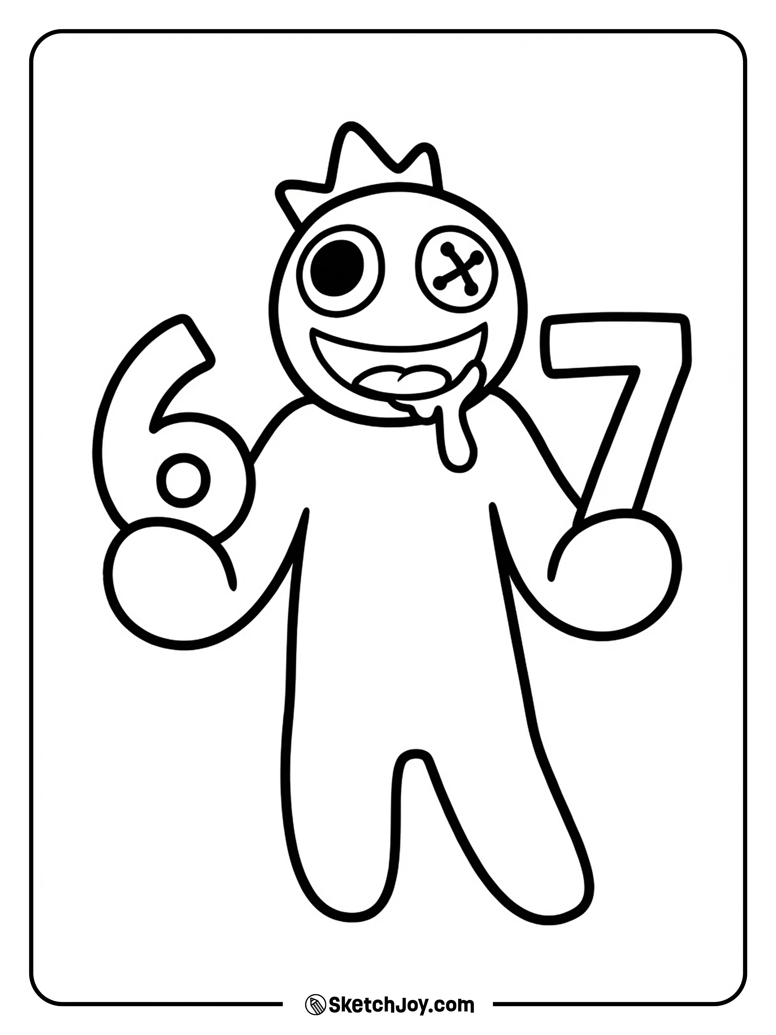 Blue from rainbow friends holding the numbers 6 and 7 in its round hands.