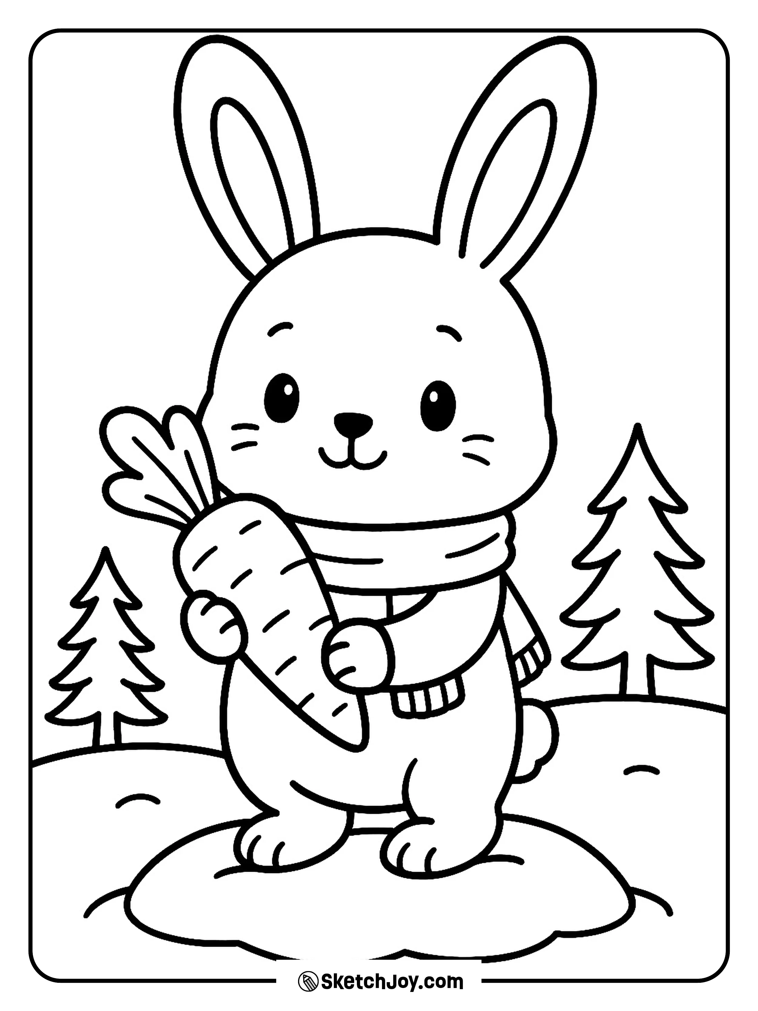 A bunny holds a carrot like a tiny treasure in the snow.