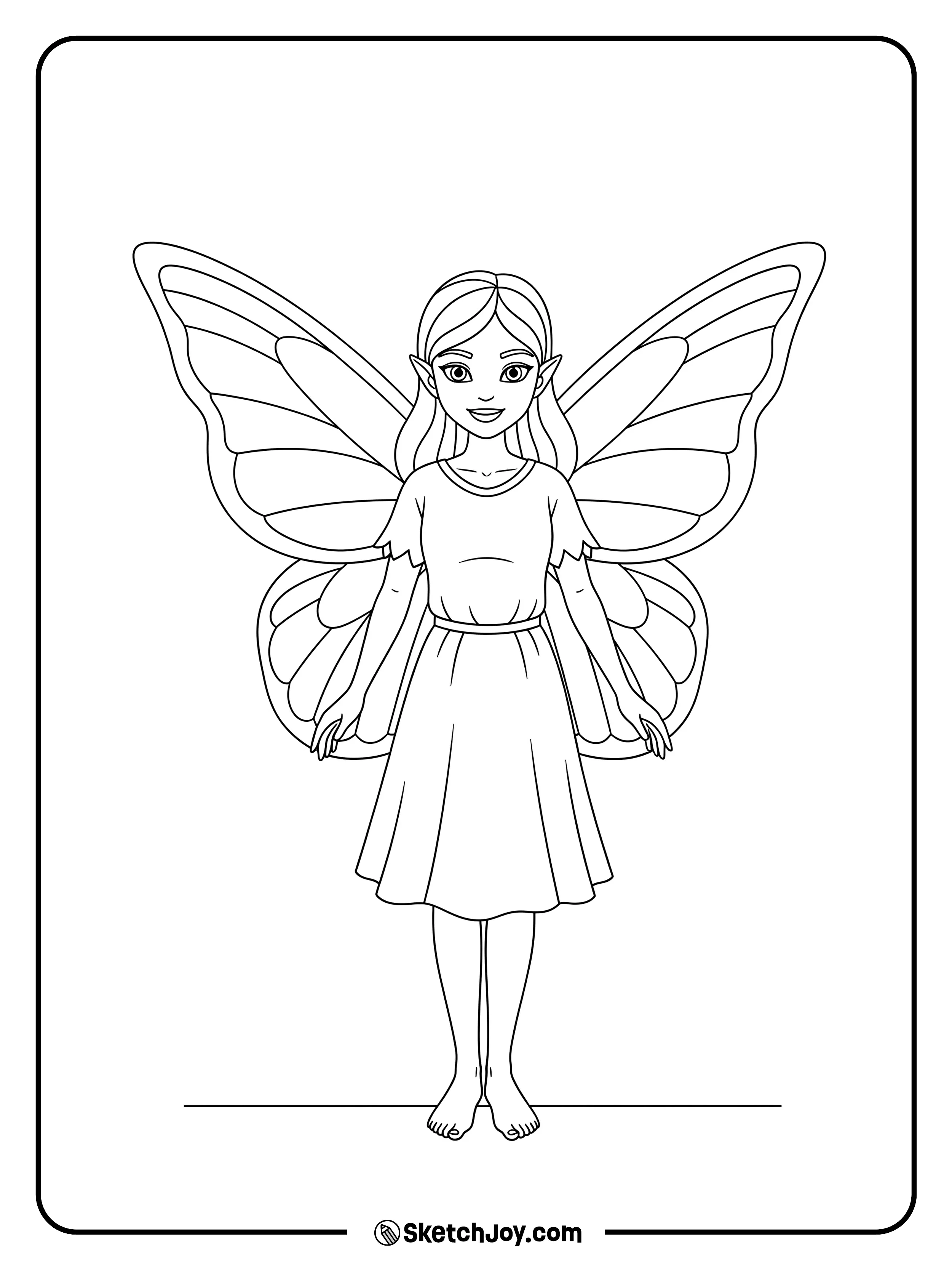A fairy with butterfly wings stands with arms wide and a calm face.