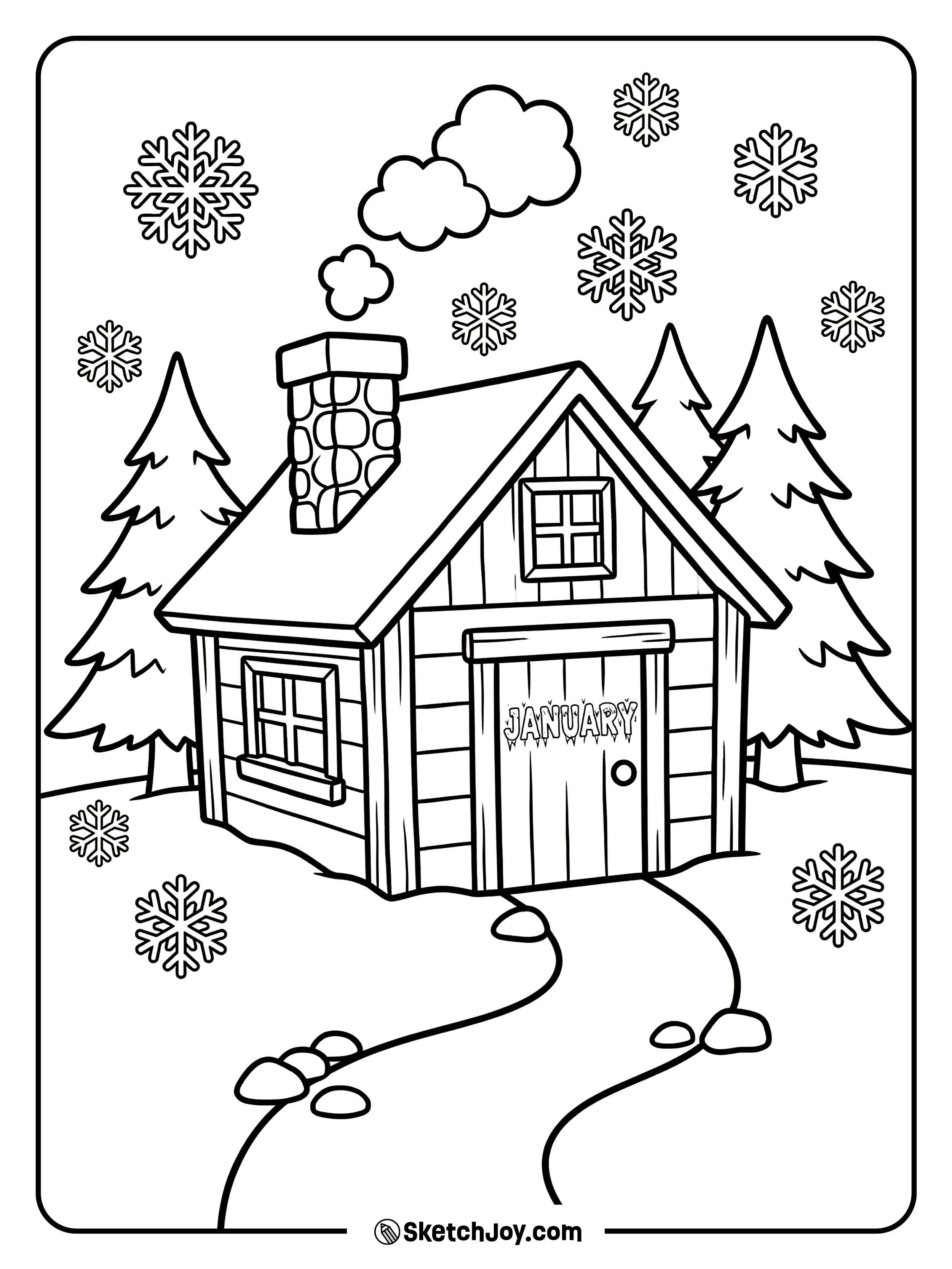 A snowy cabin has JANUARY written in frosty letters on the door.
