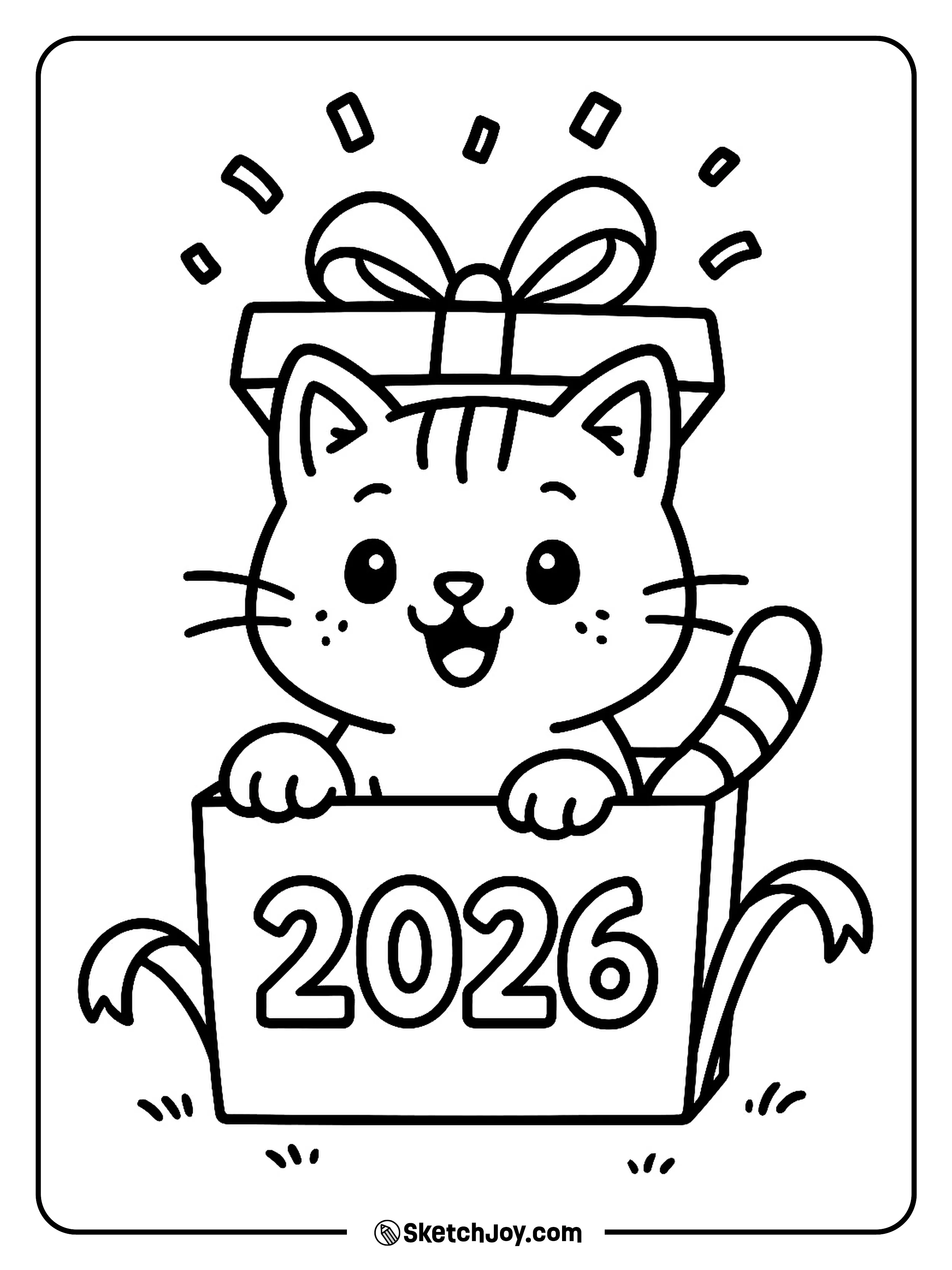 A cat pops out of a gift box labeled 2026.