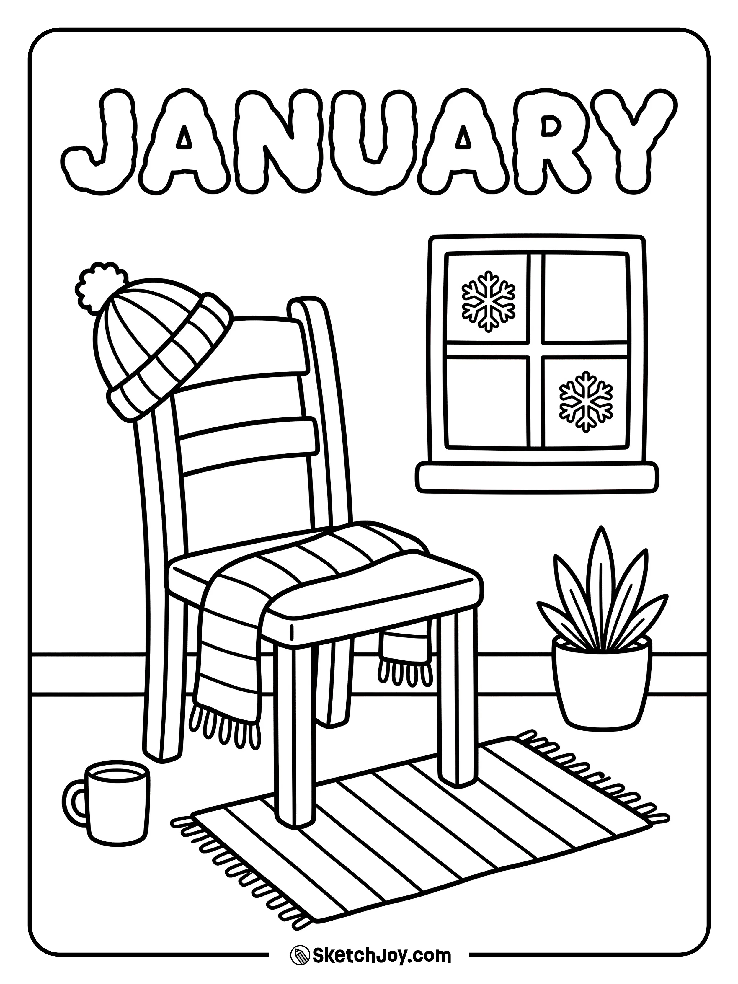 A hat and scarf rest on a chair with puffy snow-style JANUARY letters.