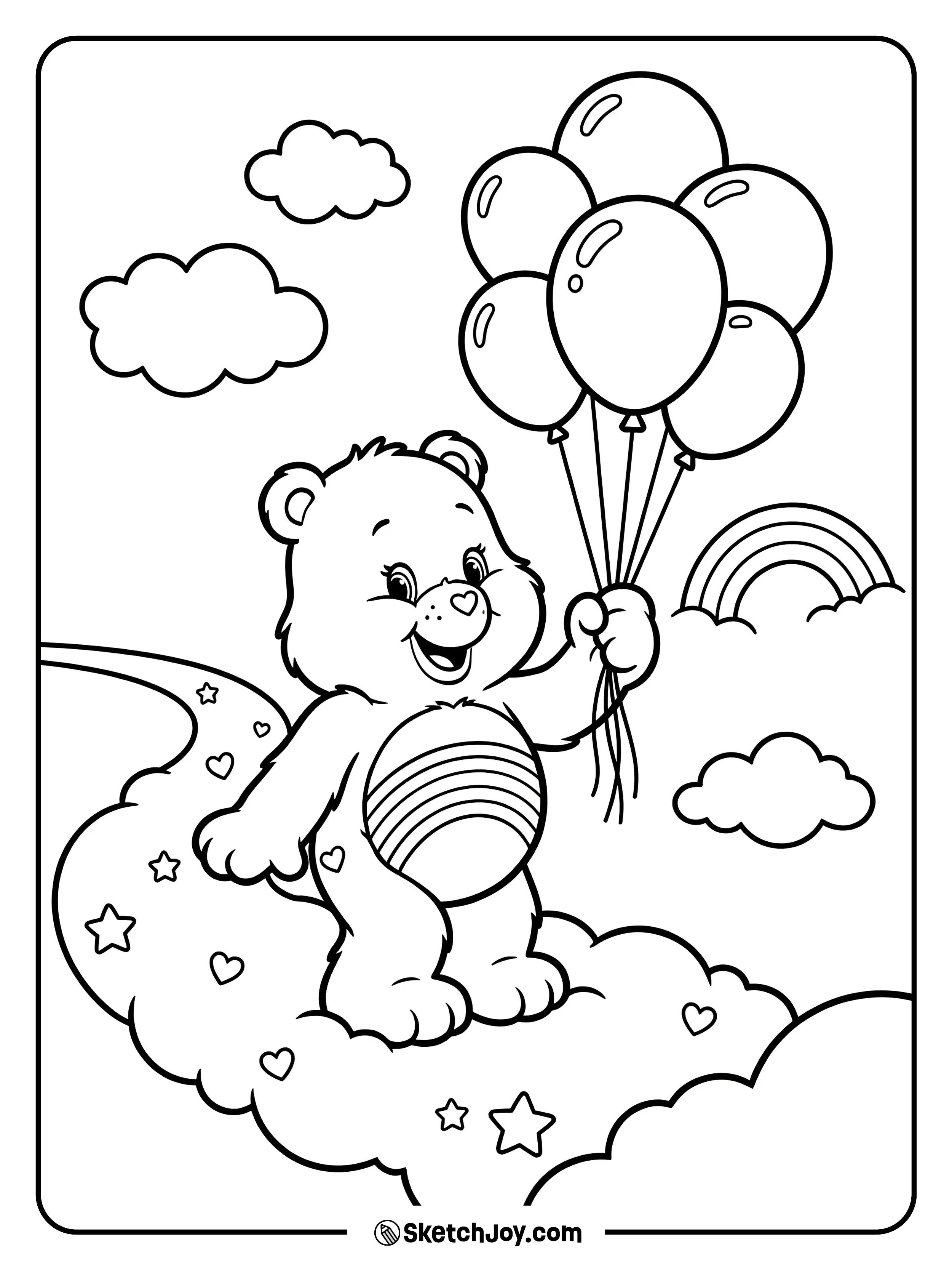 Cheer Bear holds a bunch of balloons and beams on a fluffy cloud path.