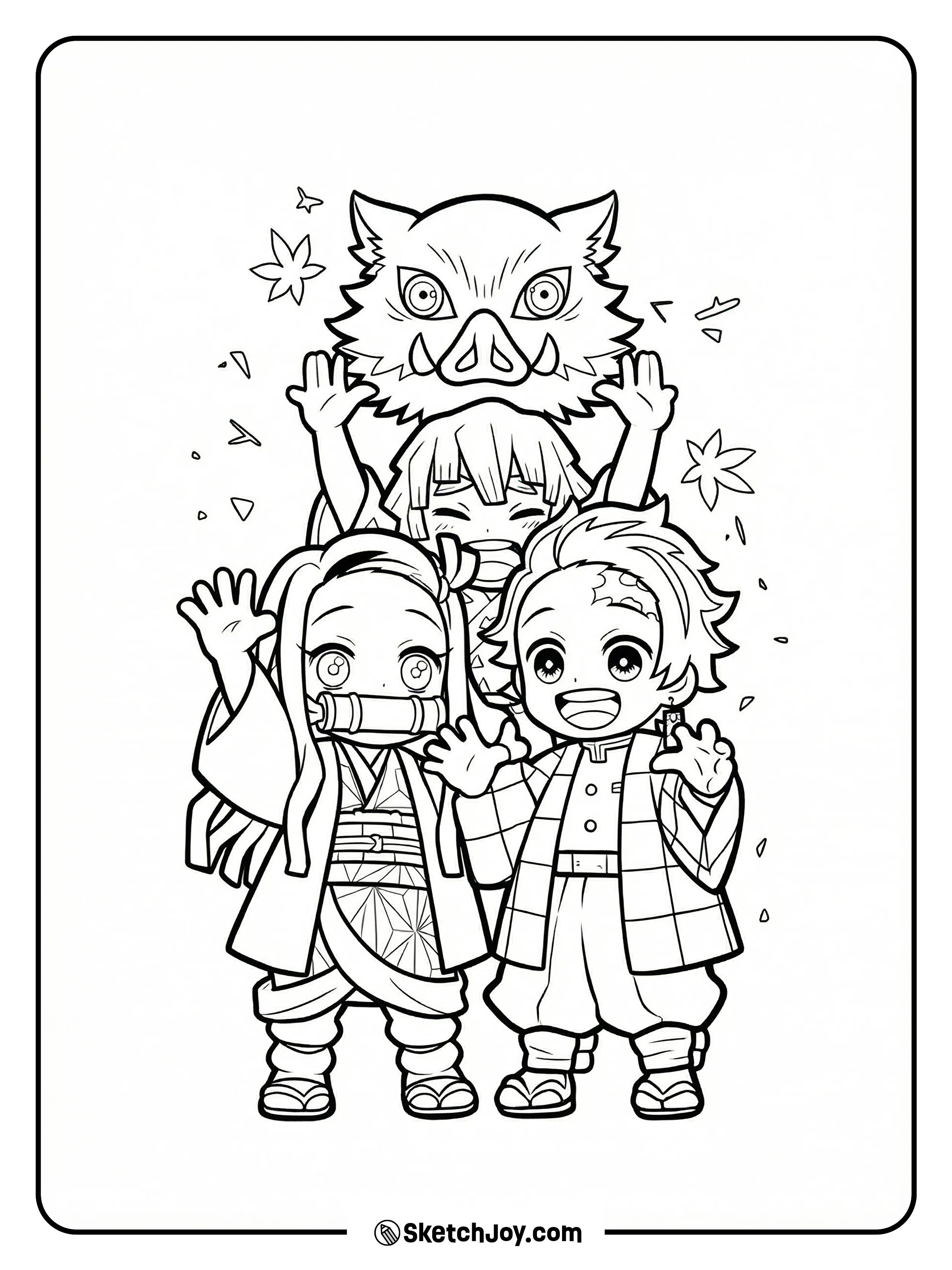 Chibi Nezuko, Tanjiro, Zenitsu, and Inosuke throw their hands up in joy as the boar mask lifts high above them.
