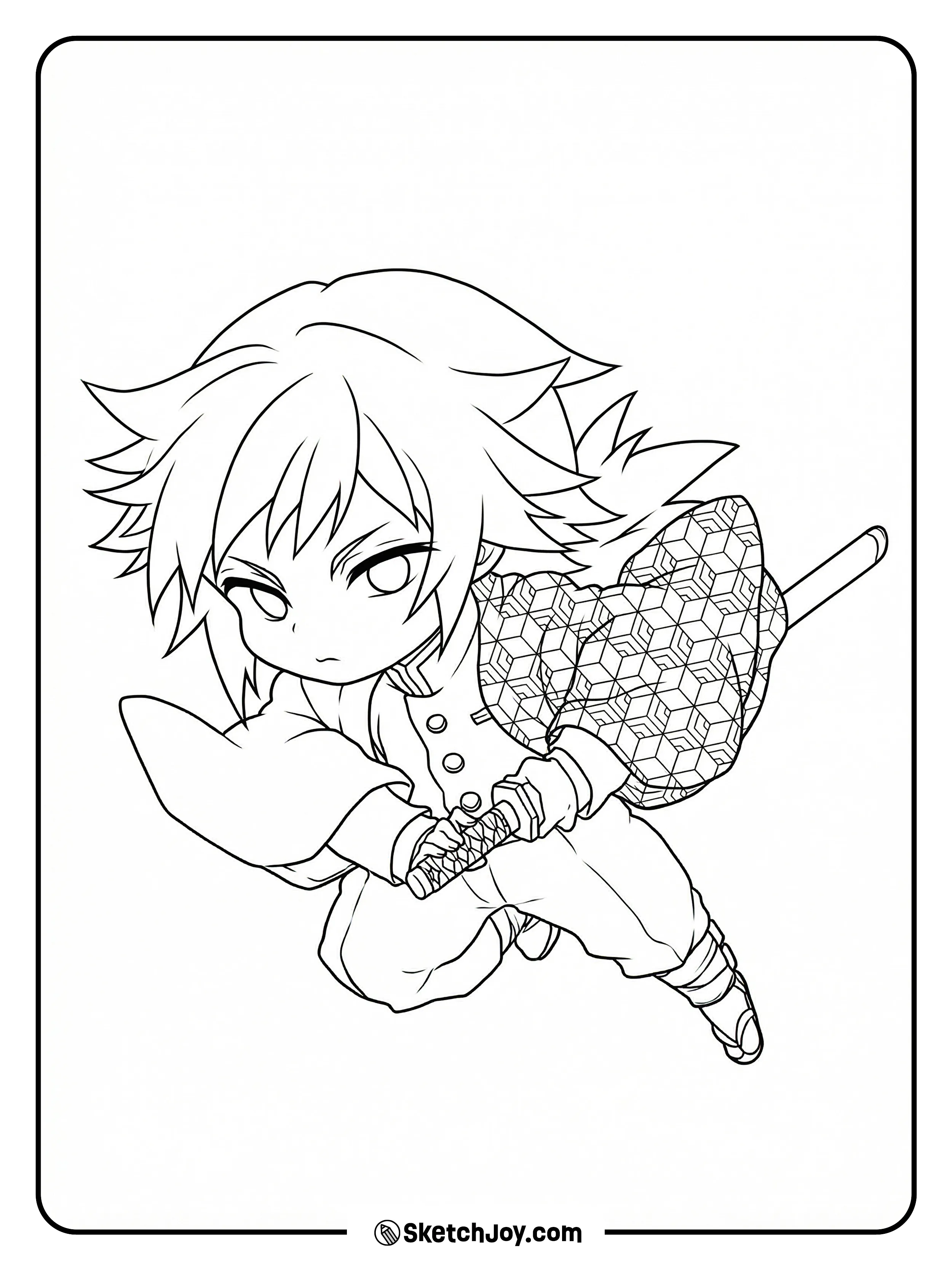 Chibi Giyu darts ahead with his sword drawn and his patterned cloak flowing around him.