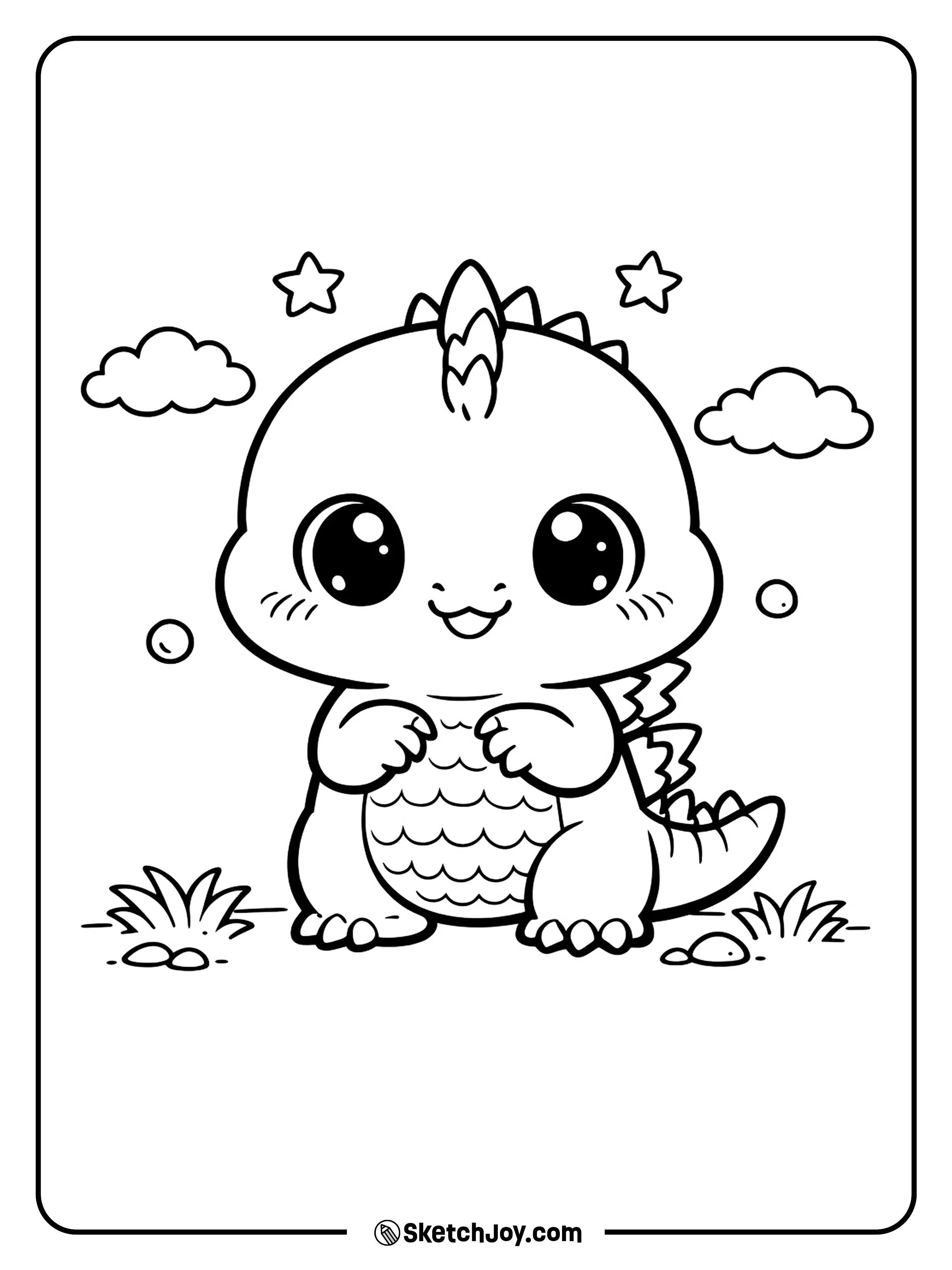 A cute chibi Godzilla smiles with tiny arms and big eyes.
