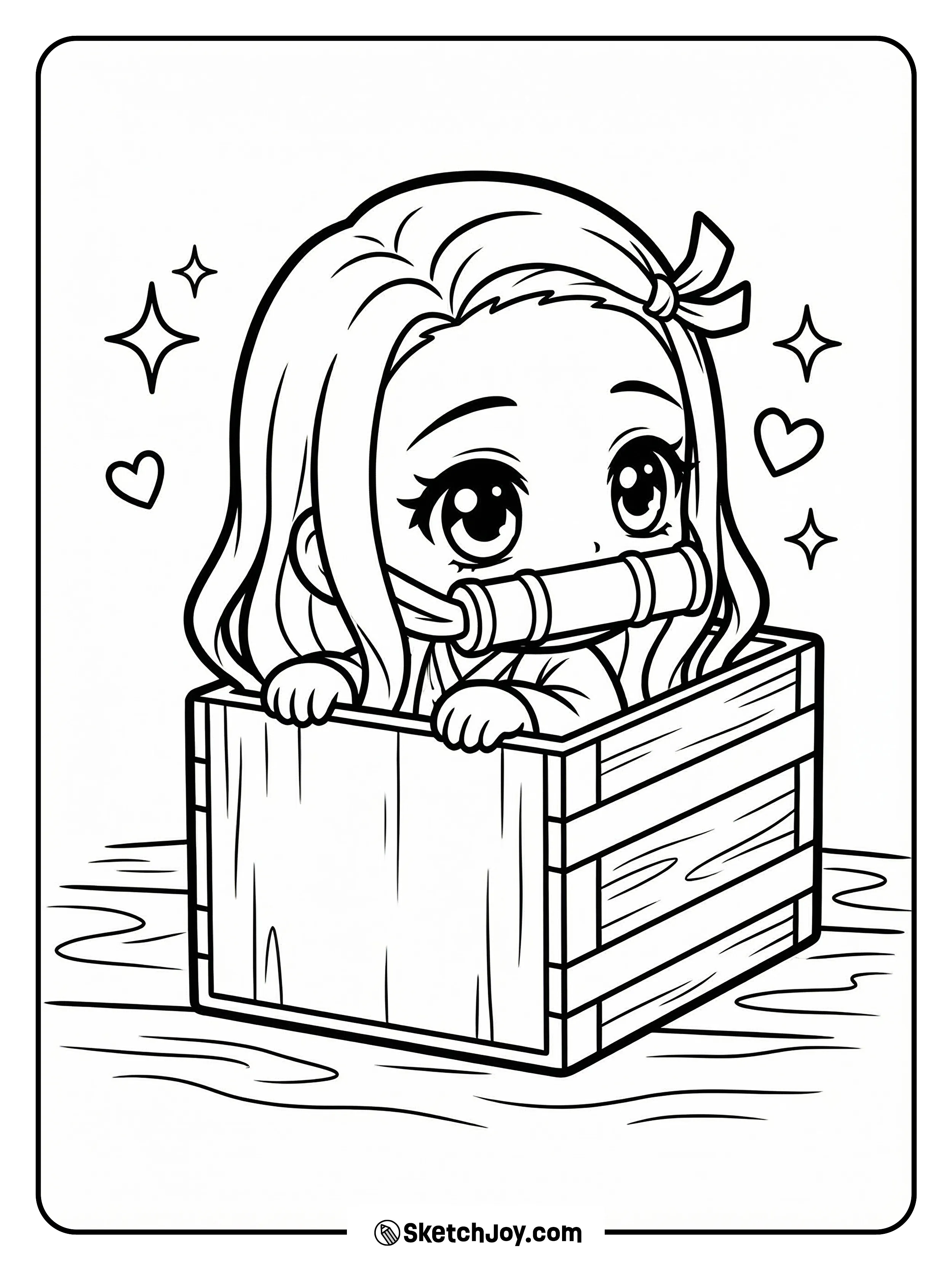 A cute small Nezuko peeks out of Tanjiro’s box with a shy smile.