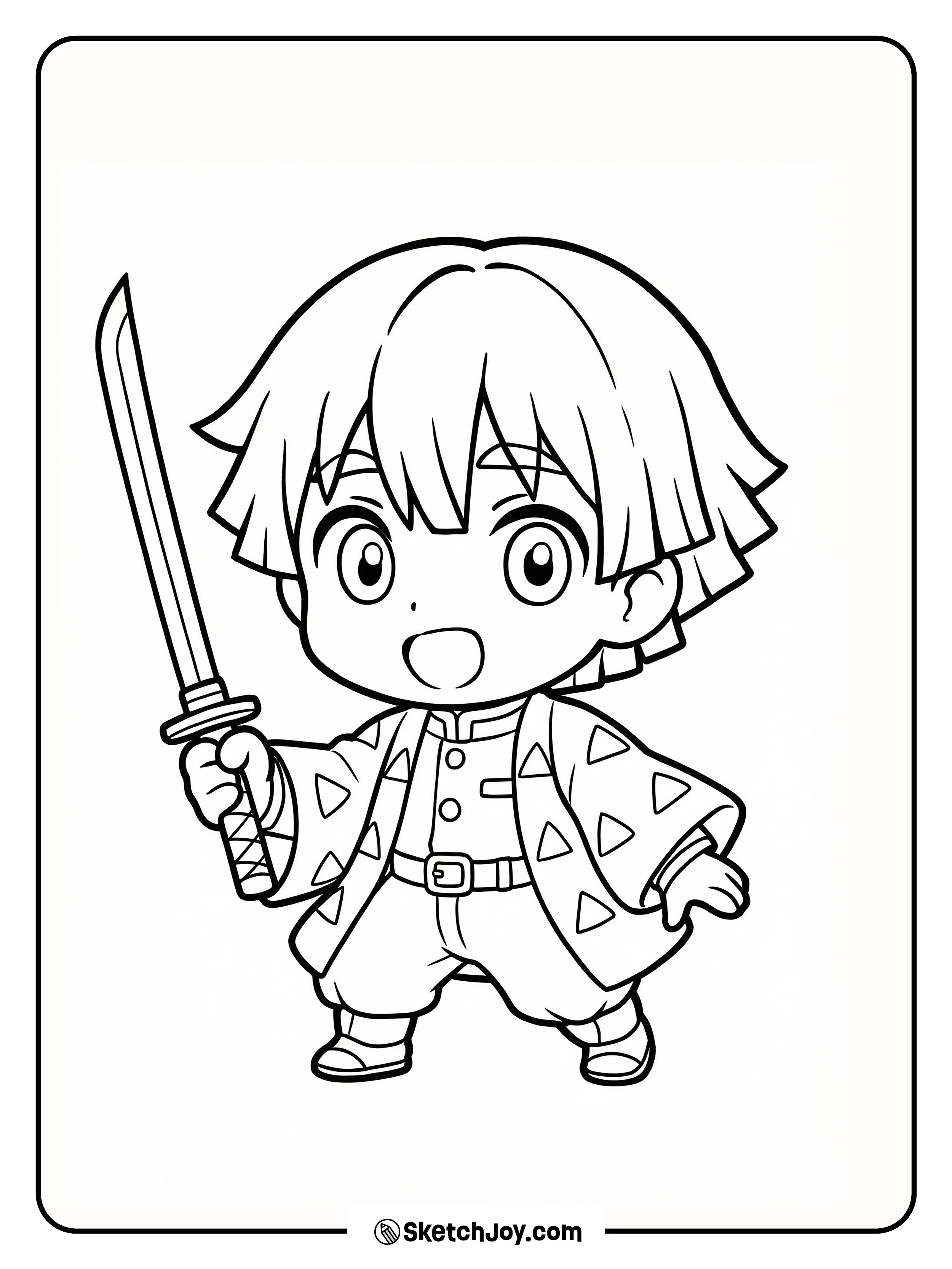 Cute chibi Zenitsu stands with his sword in hand and his triangle coat ready for action.