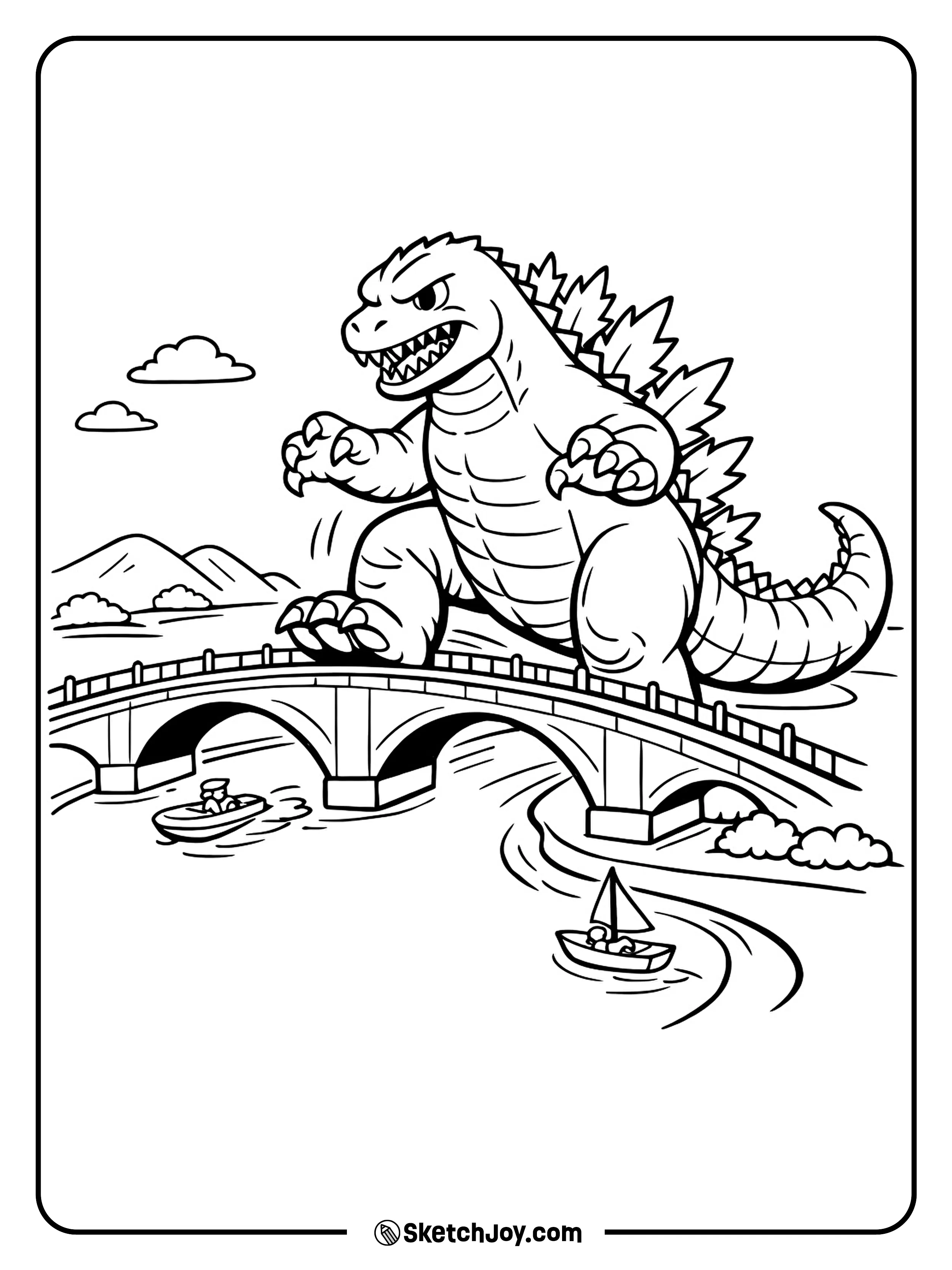 Godzilla steps over a bridge as water ripples below.