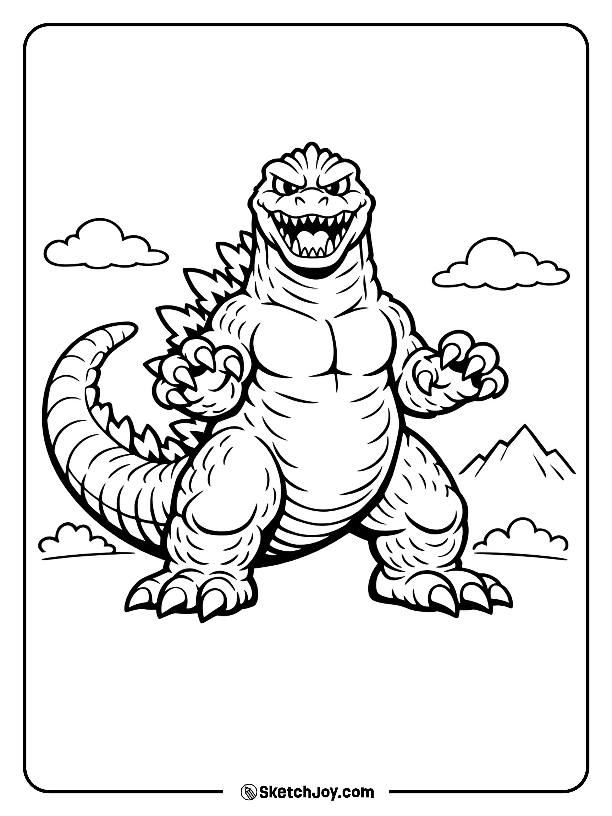 Godzilla stands in a strong pose with his tail curved behind him.