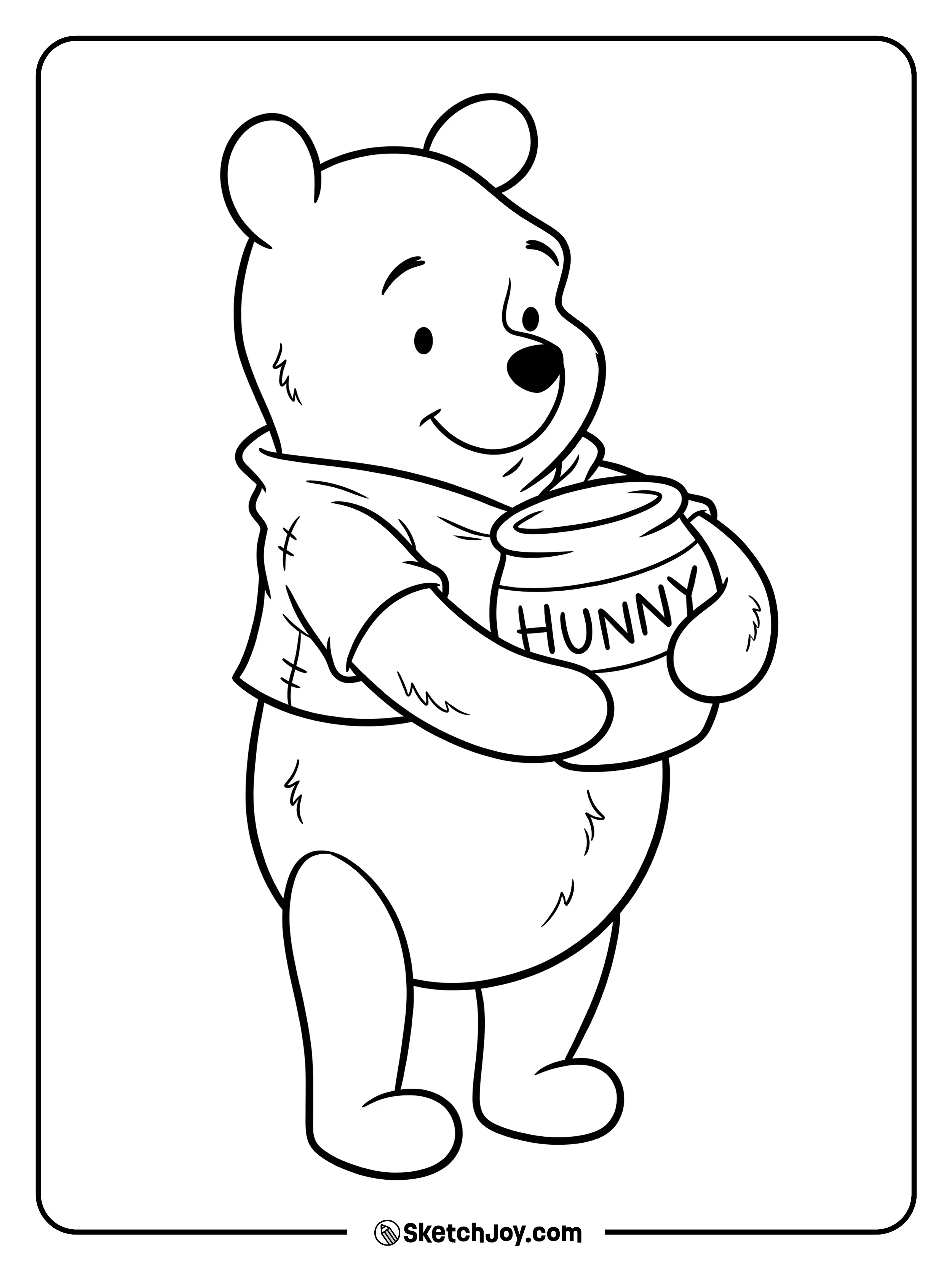 Pooh holds his hunny jar and smiles.