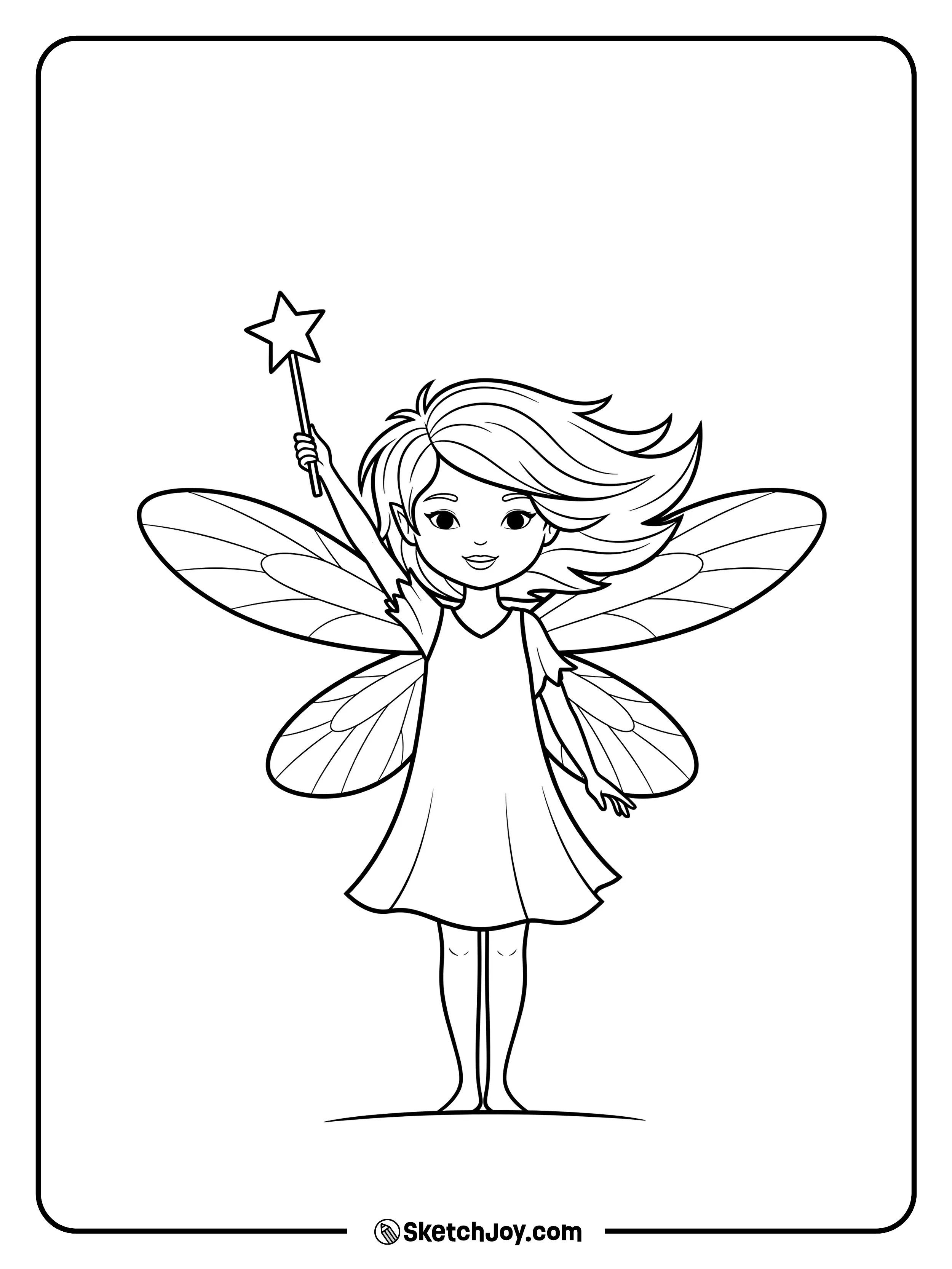 A smiling fairy stands in a strong pose with her wand raised and wings wide.