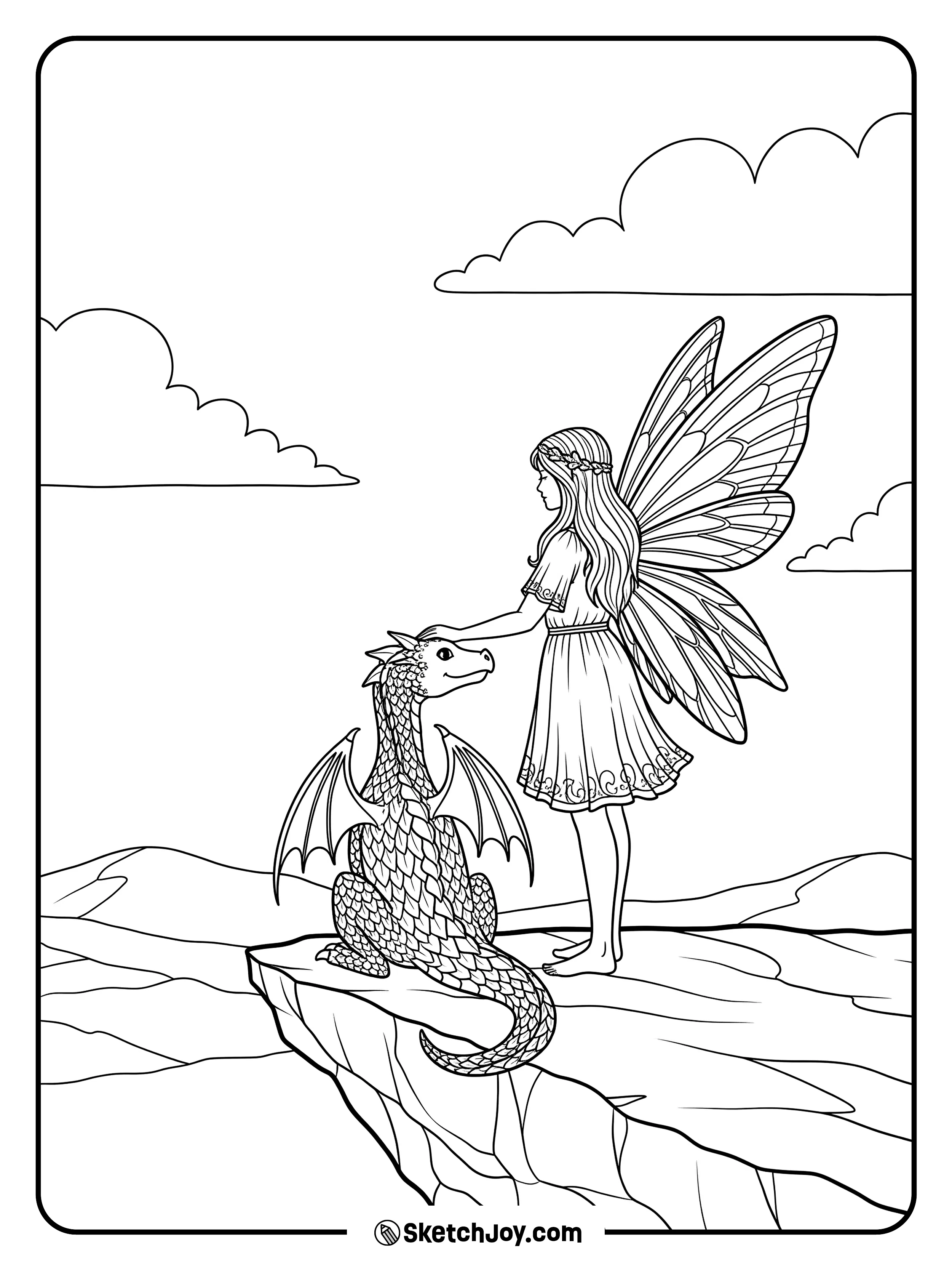 A teen fairy stands on a rock beside a small dragon, watching the distant hills.