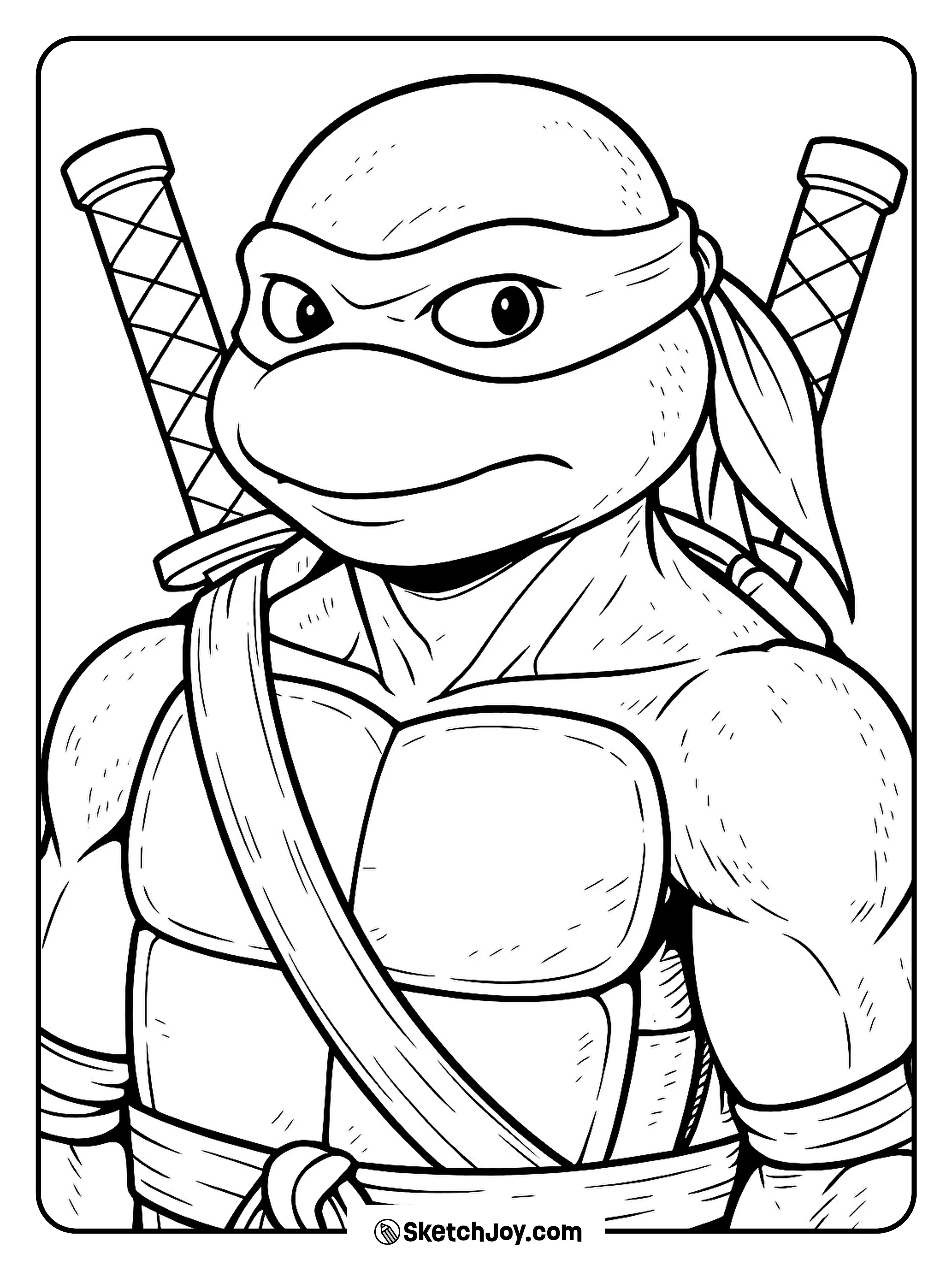 A close-up shows Leonardo’s mask, calm eyes, and sword handles.