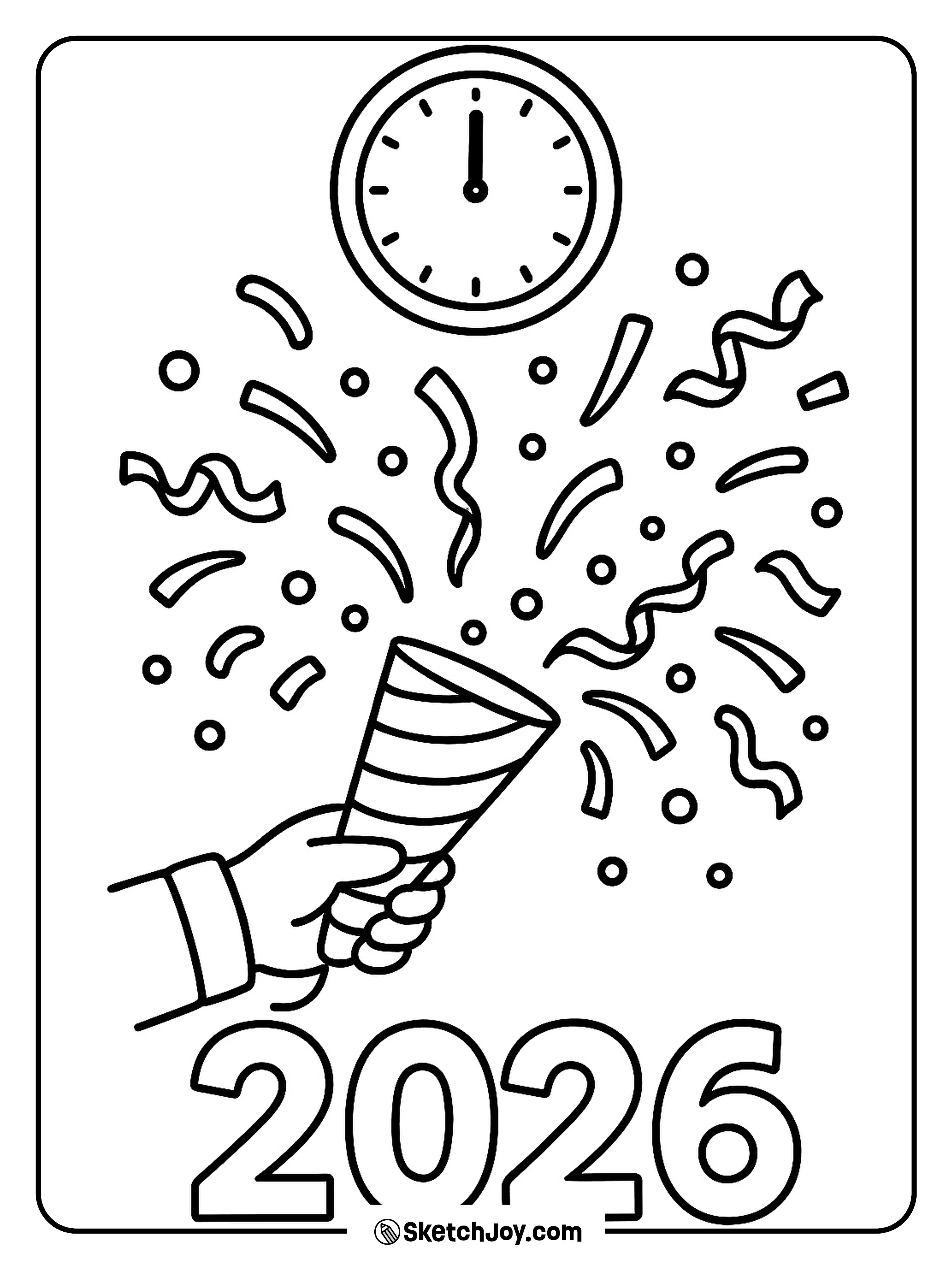 A confetti popper bursts right at midnight.