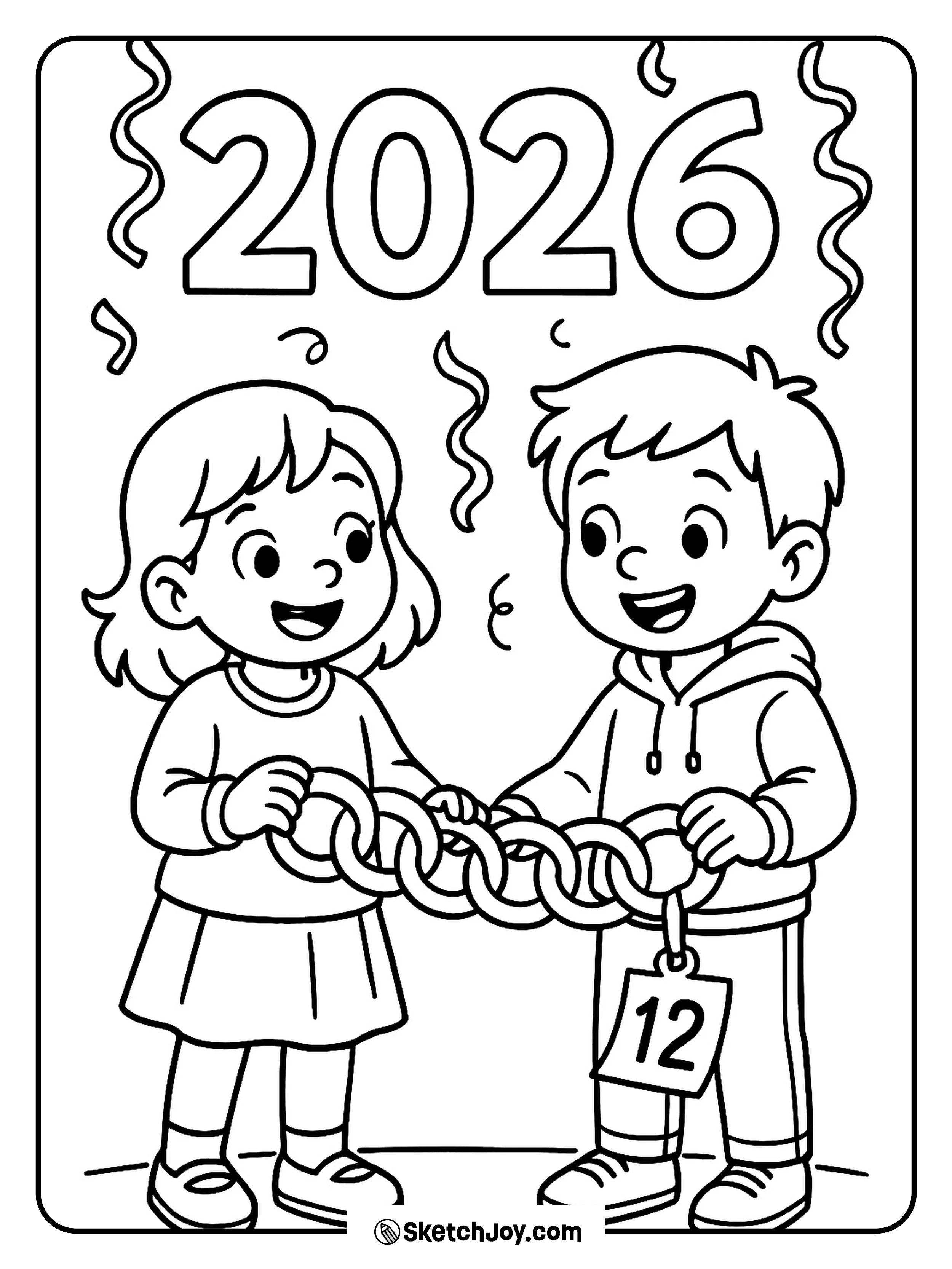 Kids pull the last link on a countdown chain to 2026.