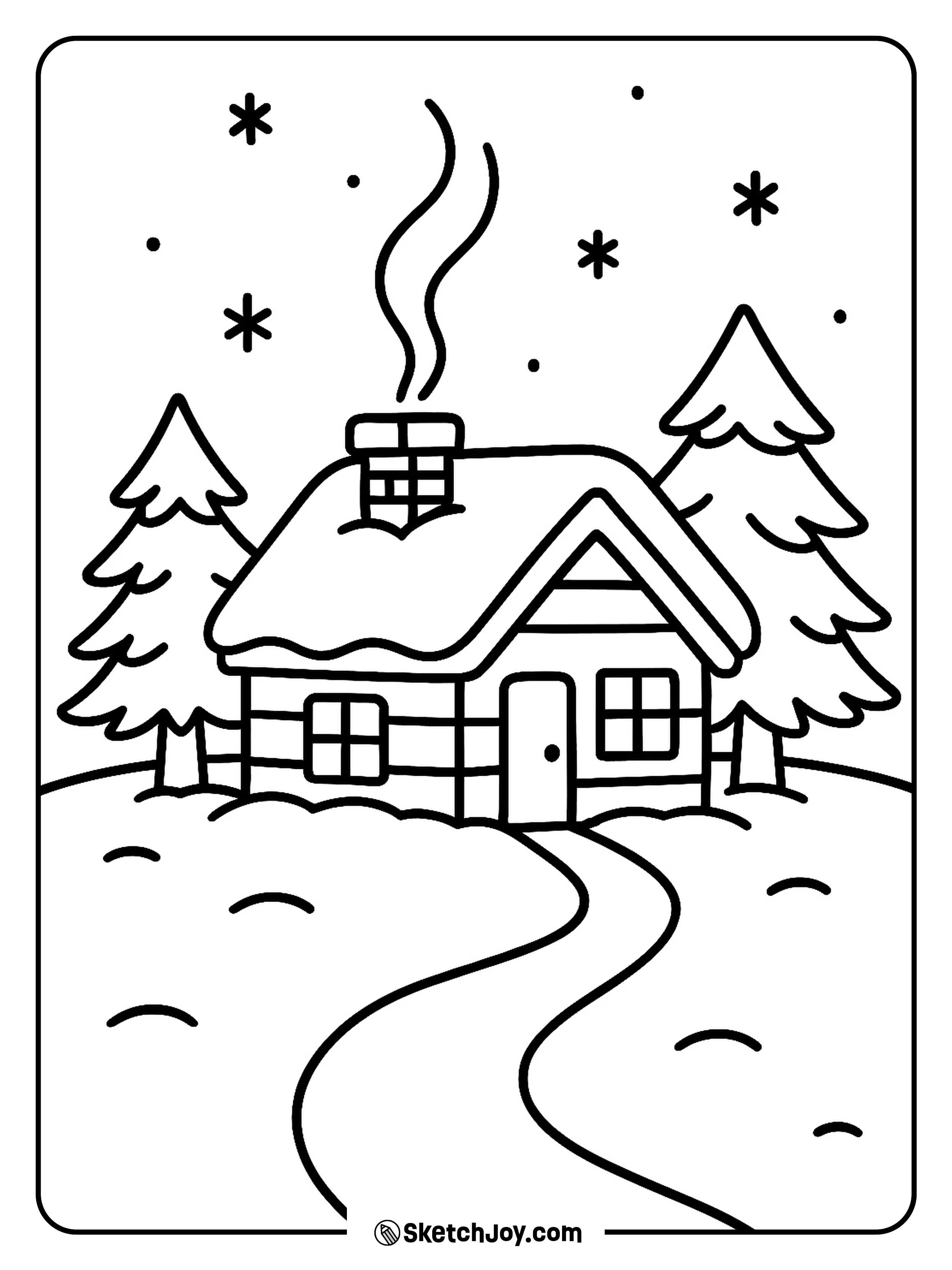 A small cabin sits under snow with smoke curling from the chimney.