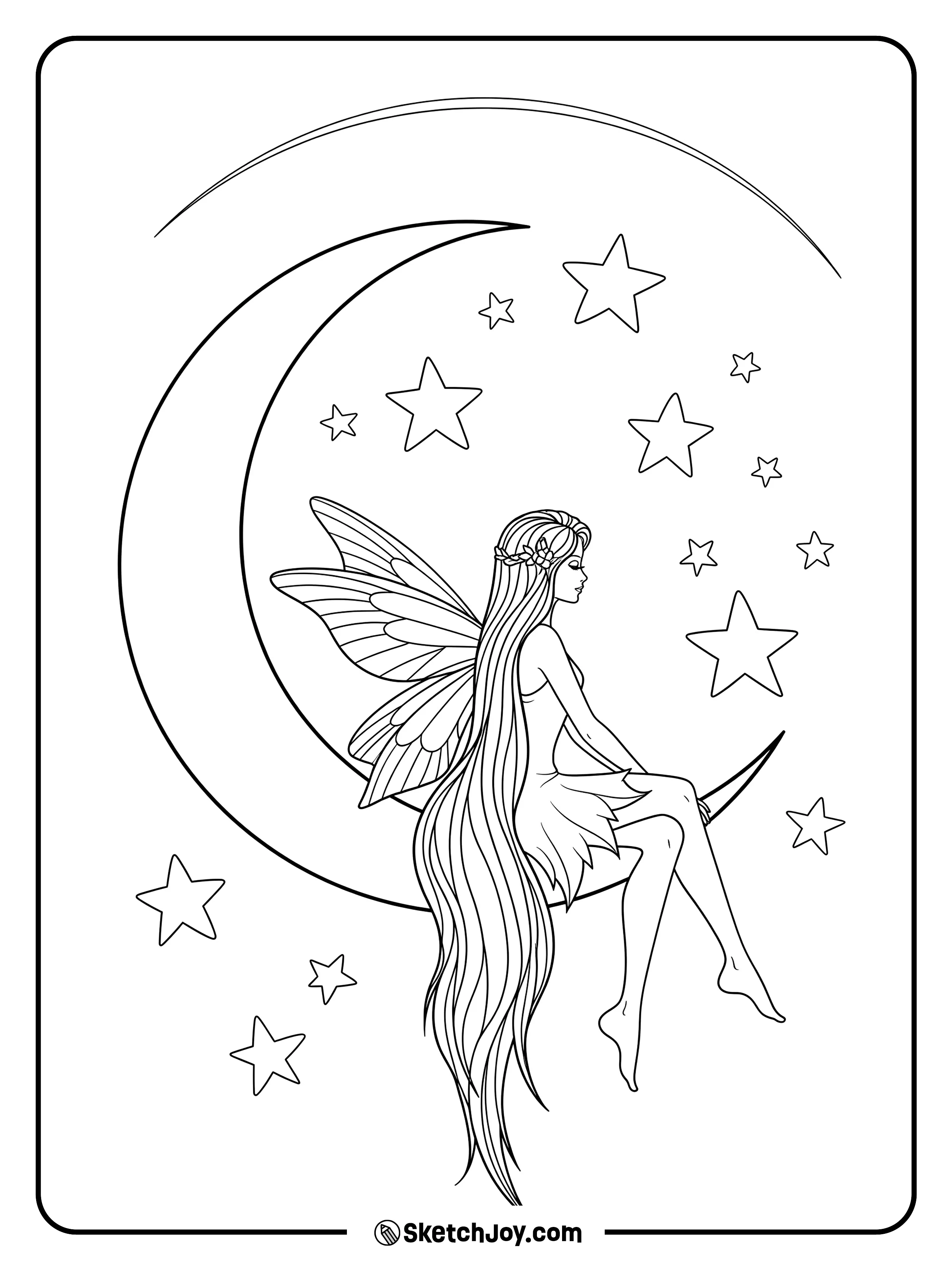 A quiet fairy rests on a crescent moon with stars around her.