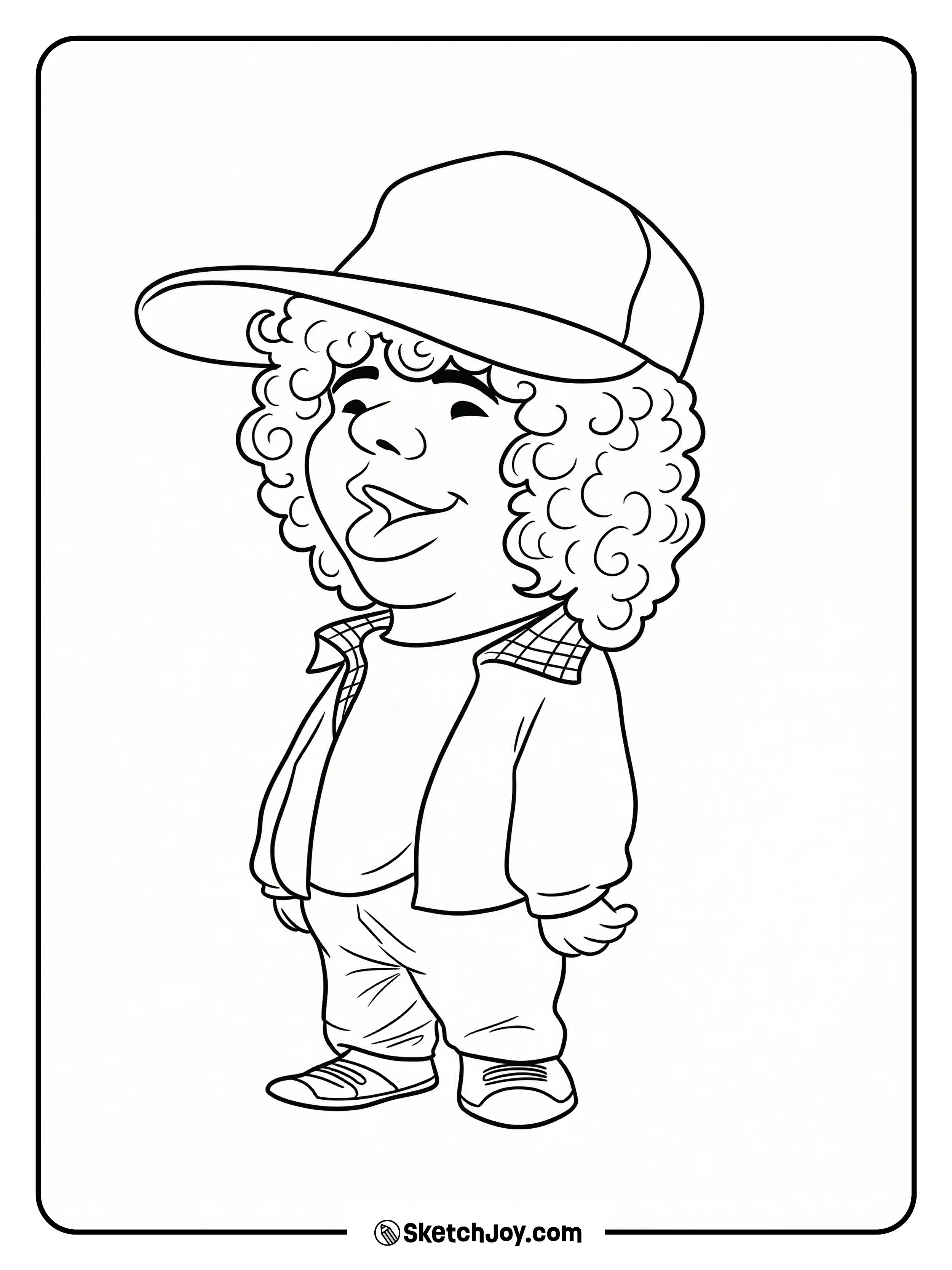 A chibi style Dustin stands in his cap and jacket with his tongue out in a playful pose.