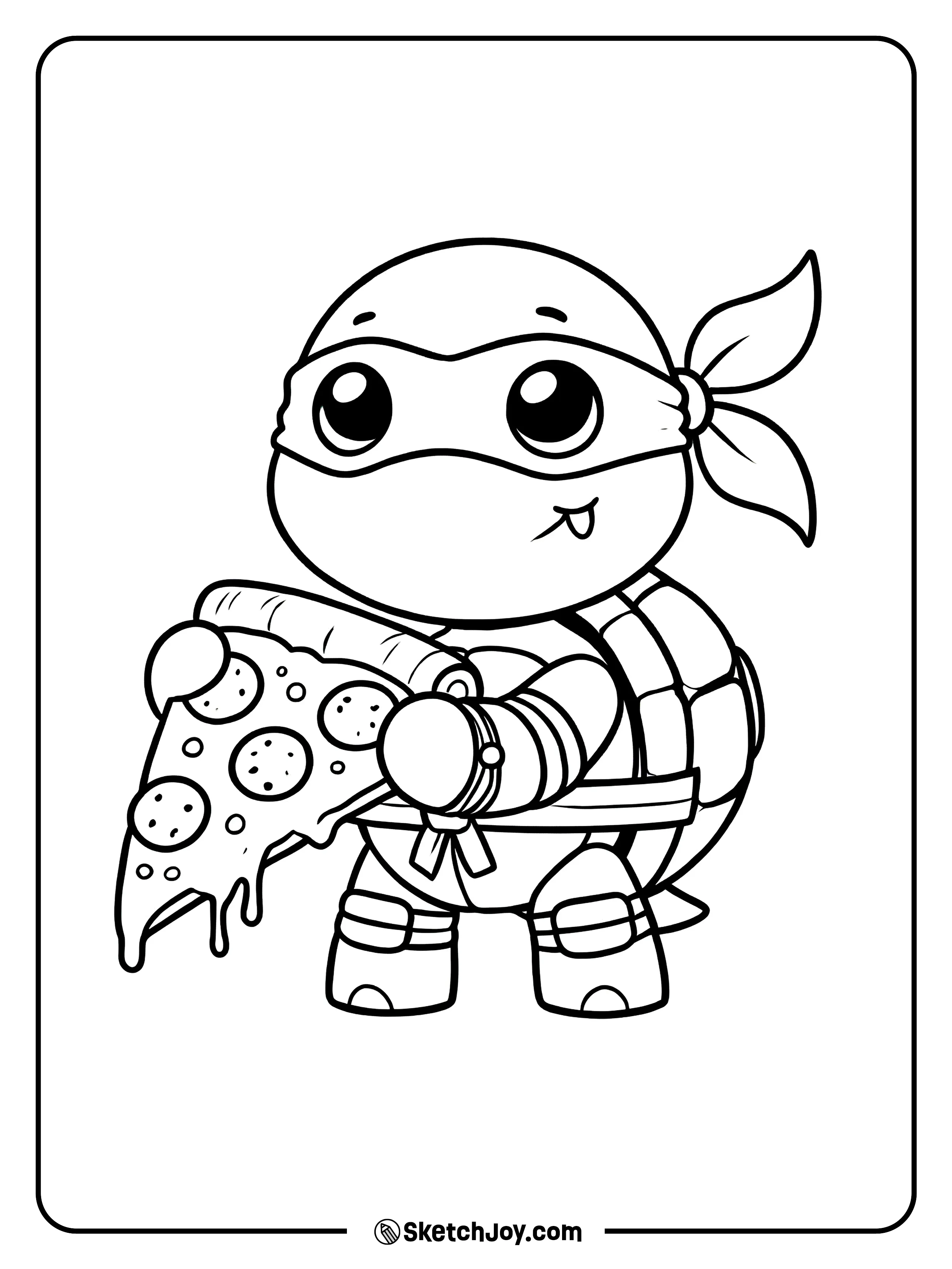 A chibi baby Michelangelo holds a huge dripping pizza slice with big shiny eyes and a tiny smile.